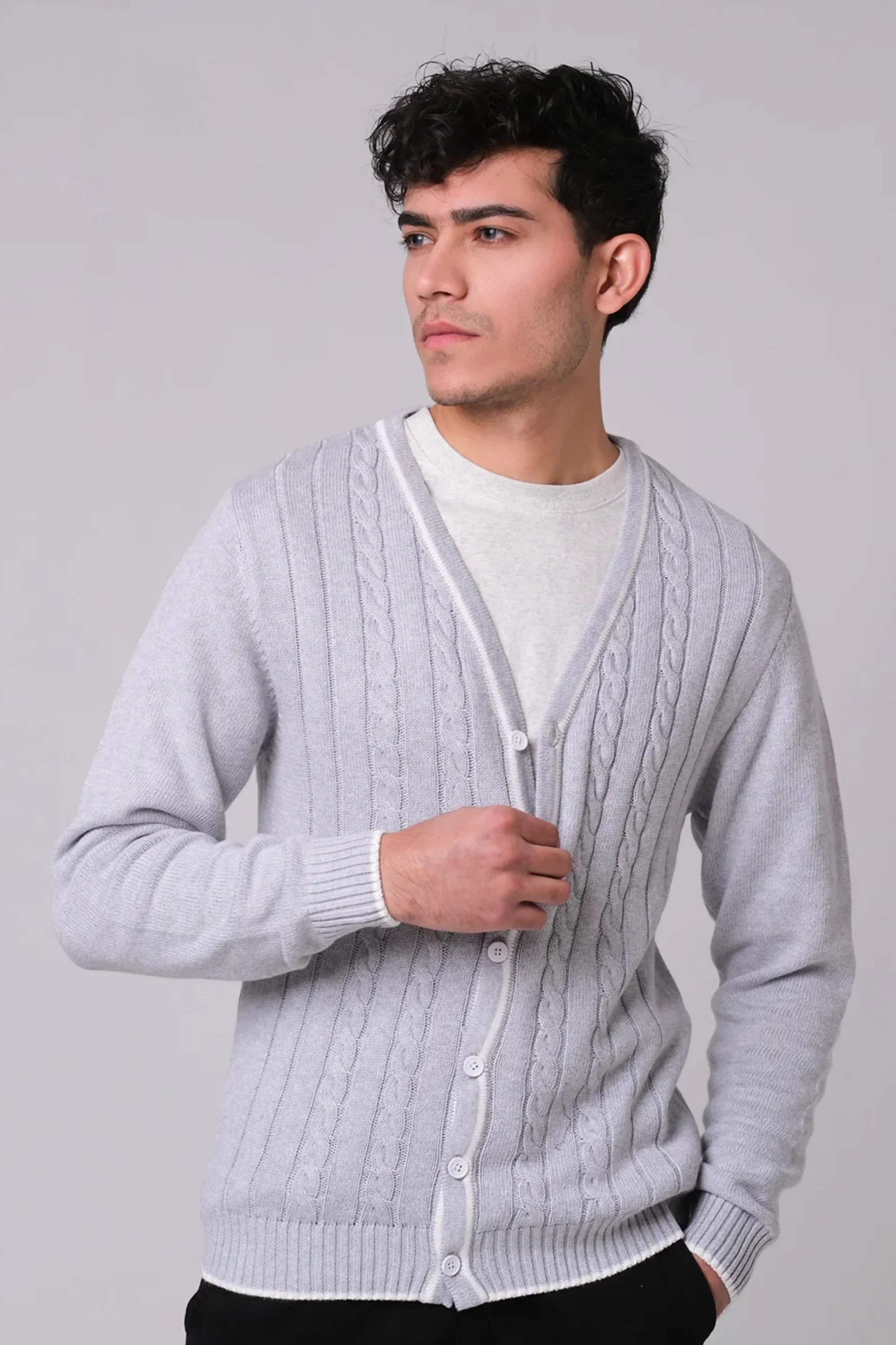 Men’s Grey V-Neck Cardigan over a white shirt on a plain background