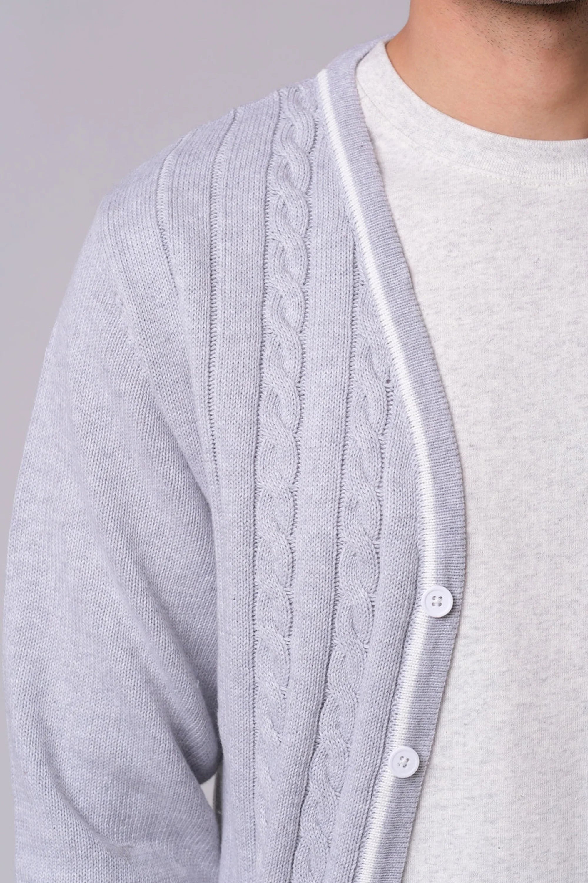 Men’s Grey V-Neck Cardigan with Button Closure and Cable Knit Design
