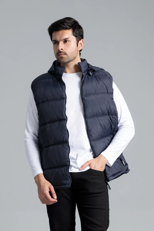 Men’s Navy Sleeveless Parachute Jacket with Zipper and Hood, Paired with White Shirt