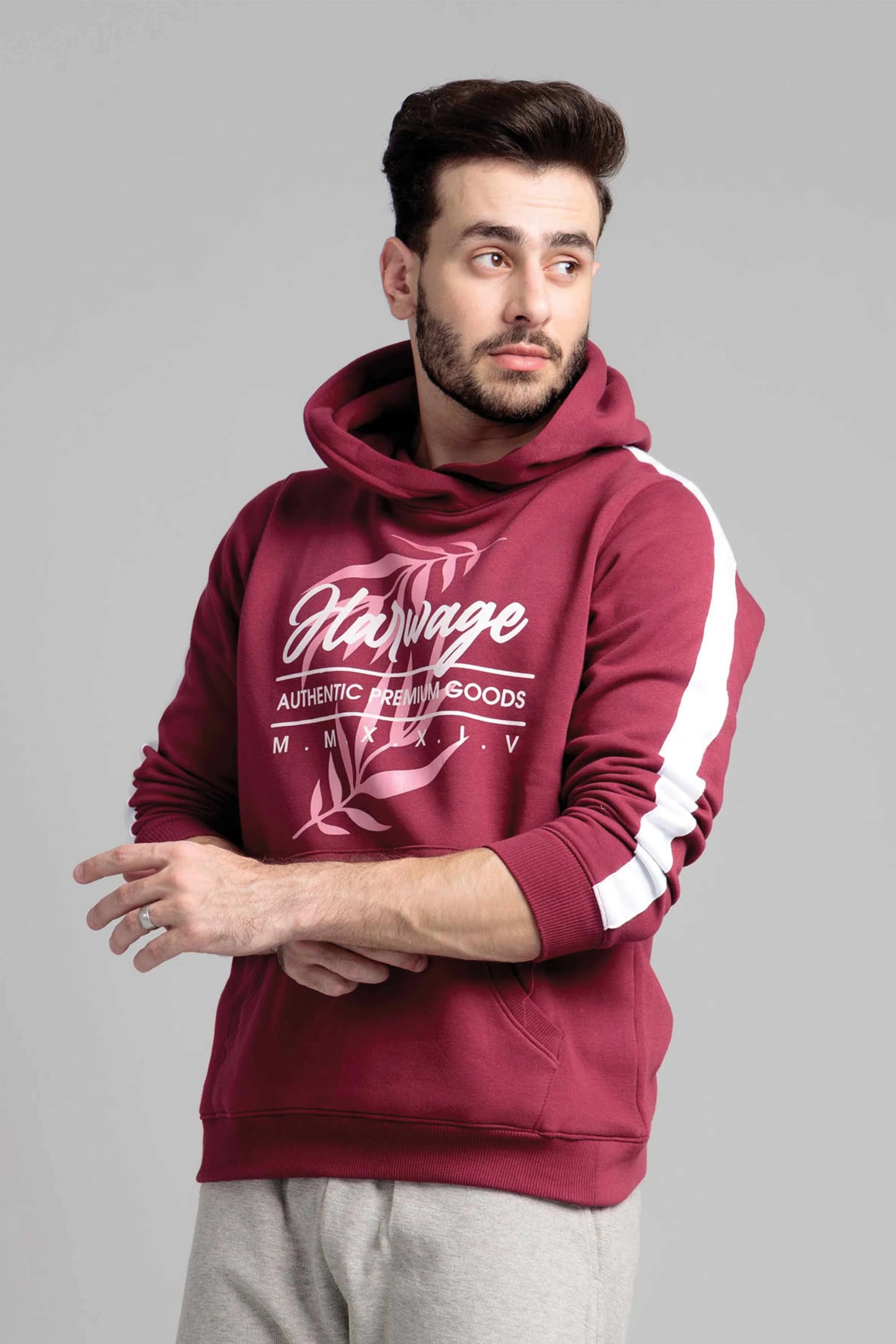 Men’s Pullover Hoodie with Sleeve Panel in Burgundy, White Graphics