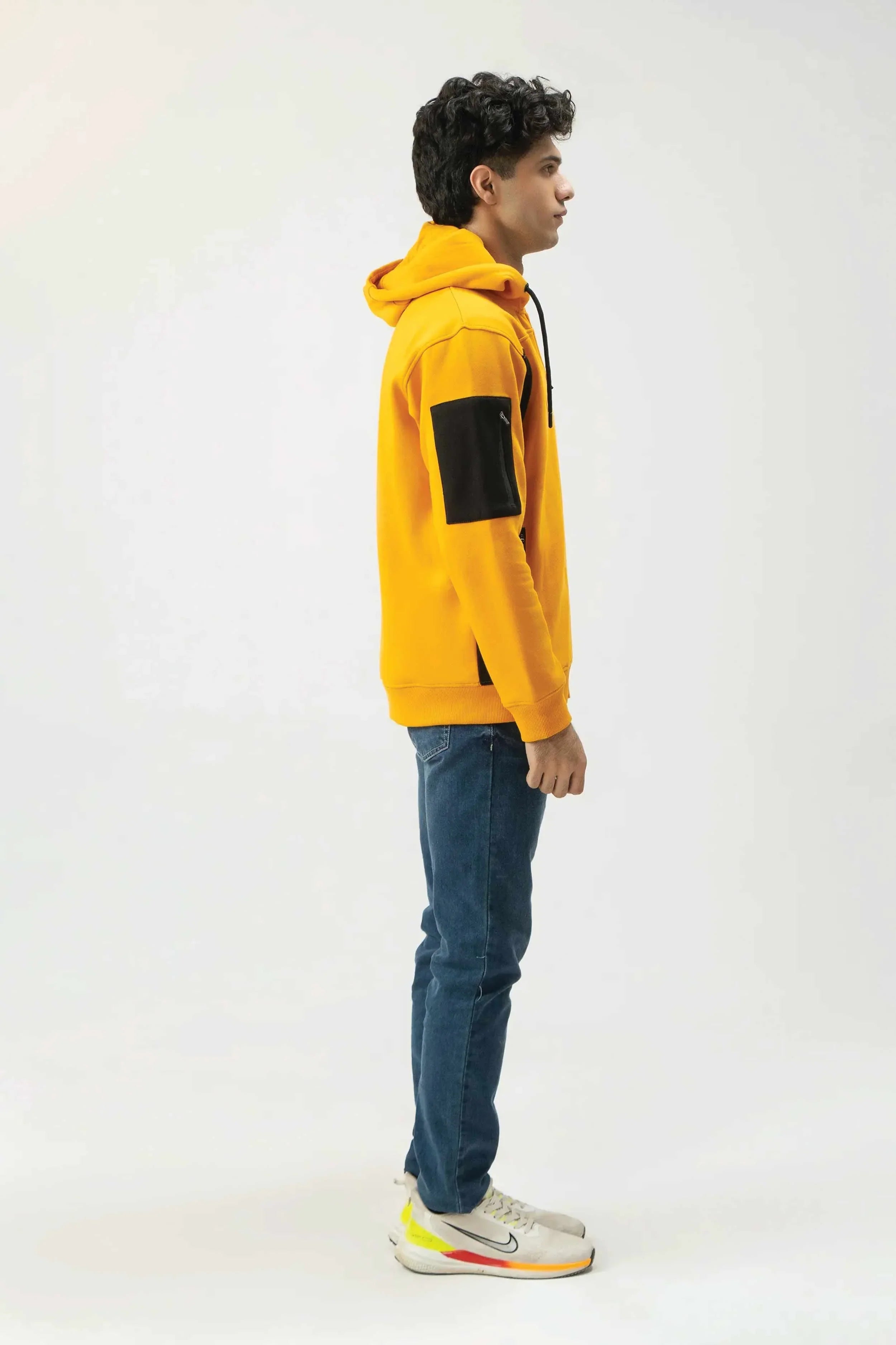 Men’s Yellow Hoodie with Black Shoulder Panels and Hoodie Drawstrings