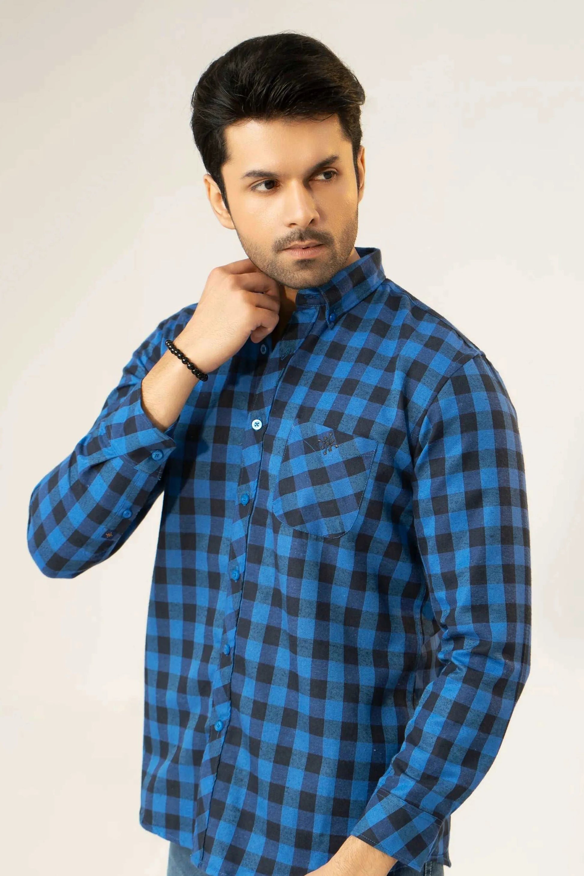 Men’s blue checkered casual dress shirt
