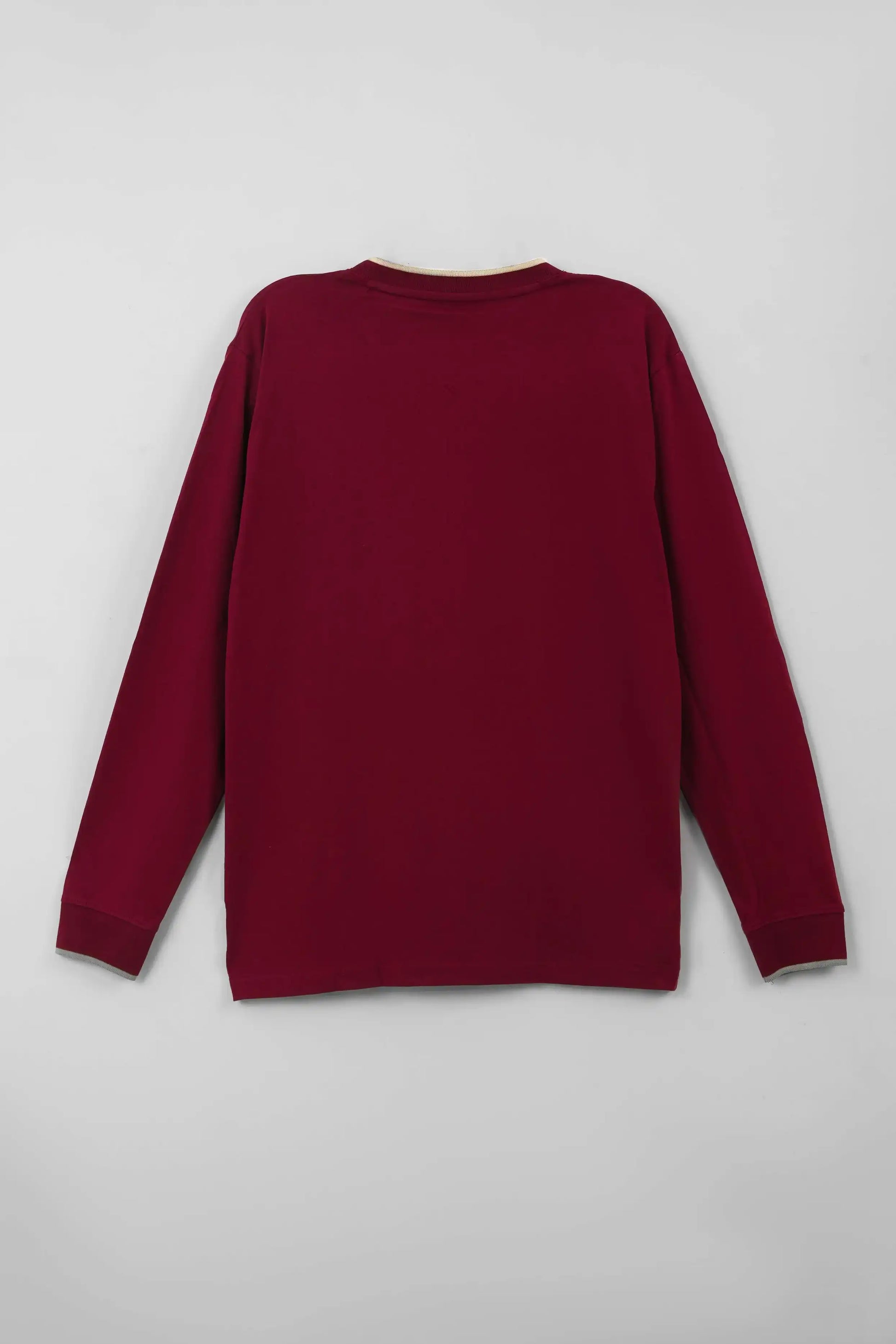Men’s maroon full sleeve t-shirt on a light gray background