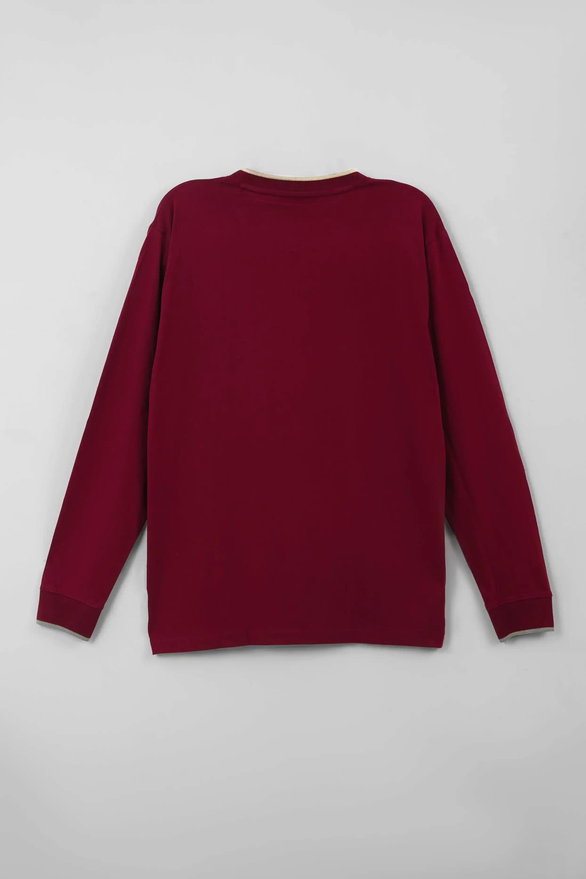 Men’s maroon full sleeve t-shirt on a light gray background
