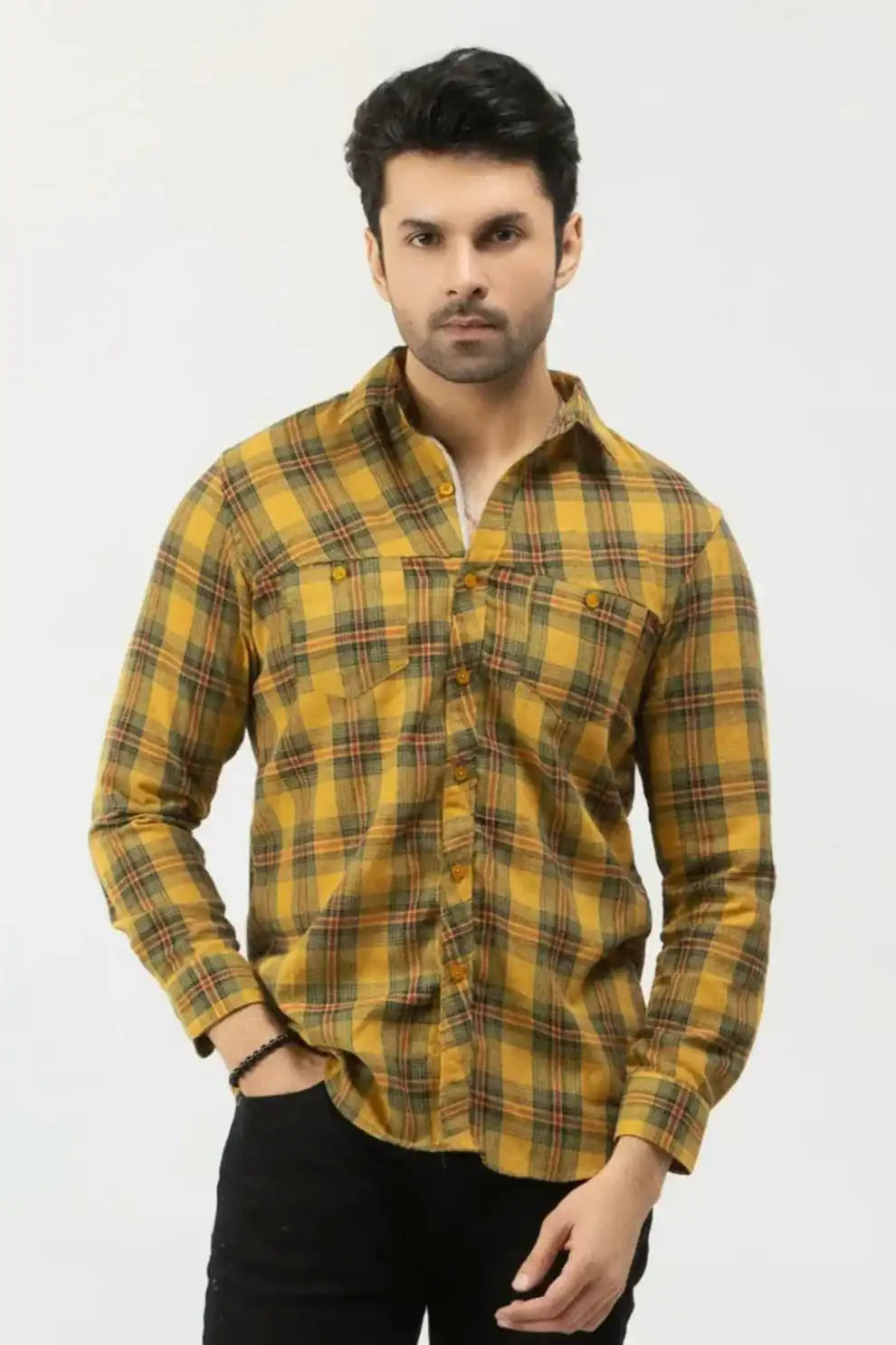 Men’s yellow checkered casual dress shirt