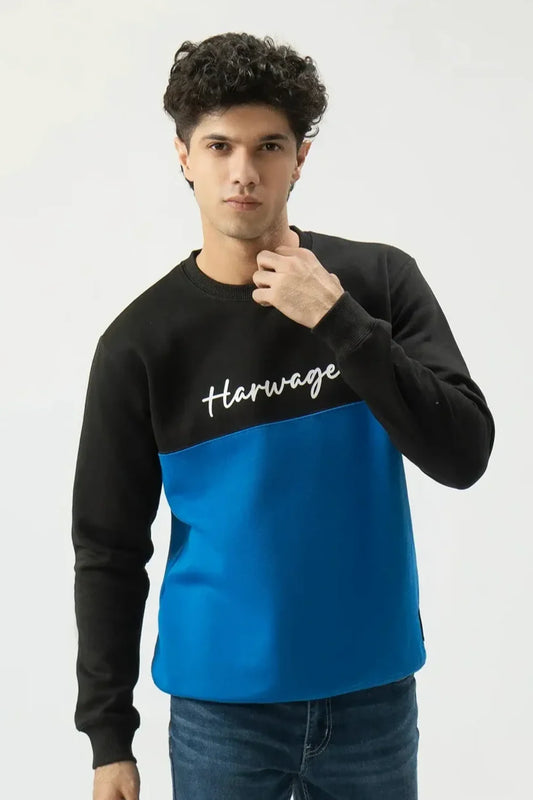 Model posing front-facing in Blue Signature Sweatshirt with color-block design