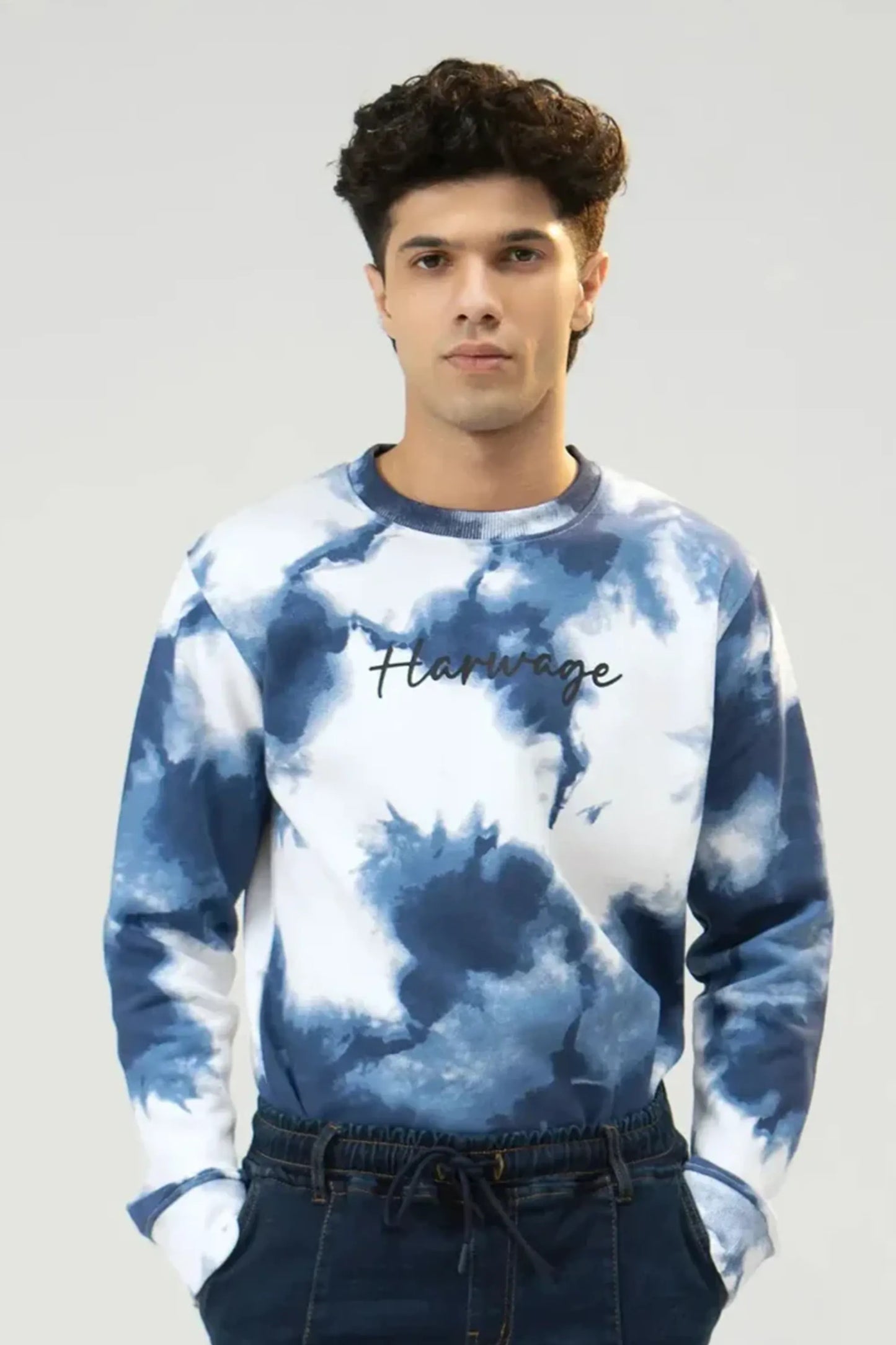 Front close-up view of the model wearing a Blue Tie Dye Camouflage sweatshirt