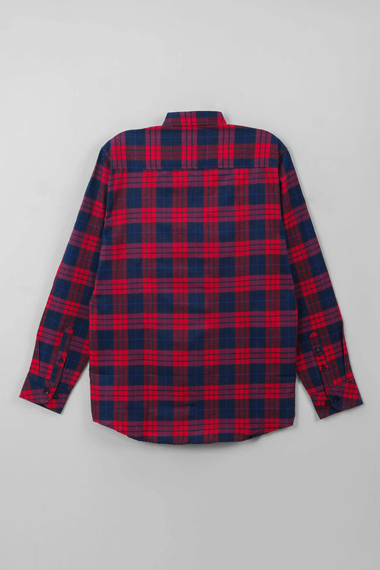 Back view of multi-color shirt with red and blue checks