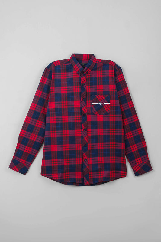 Multi-color shirt featuring red and blue check design