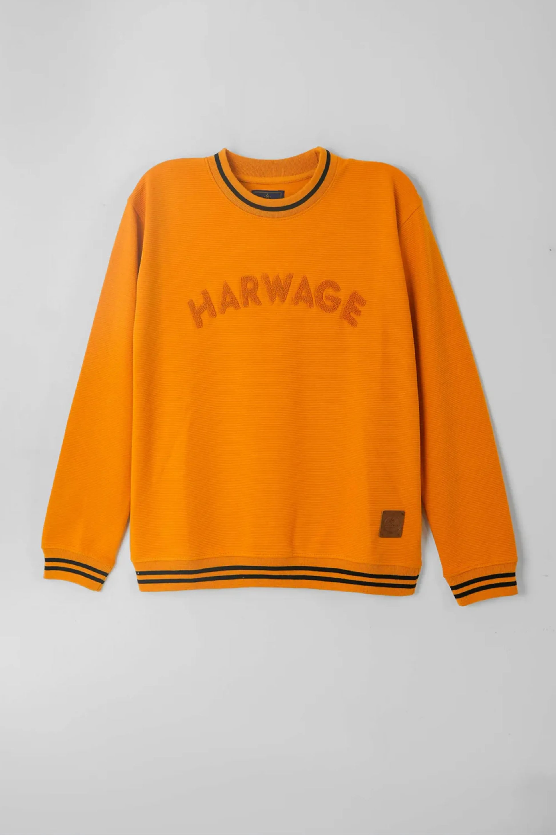  Mustard rib sweatshirt with 'HARWAGE' text
