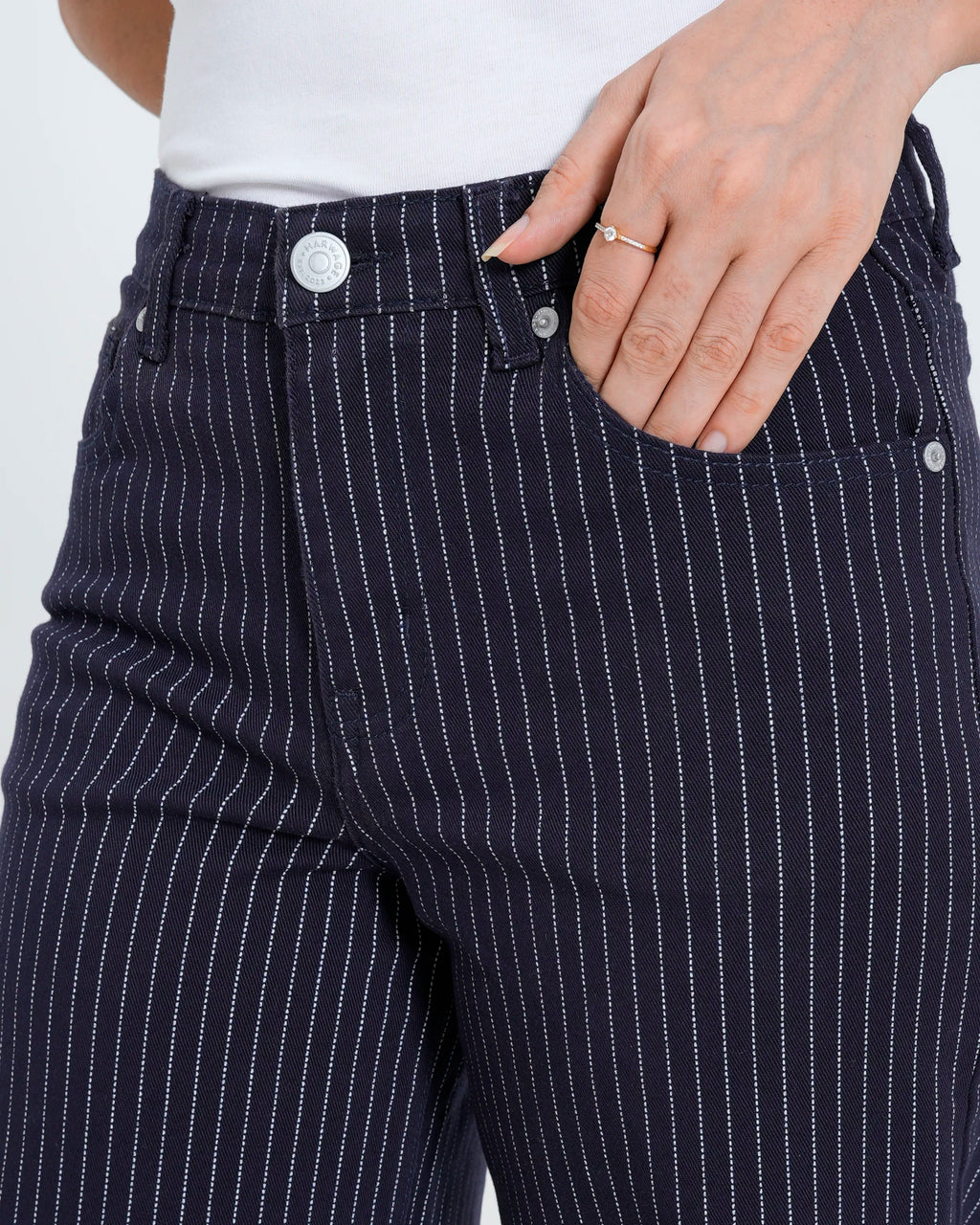 Navy blue striped wide leg jeans