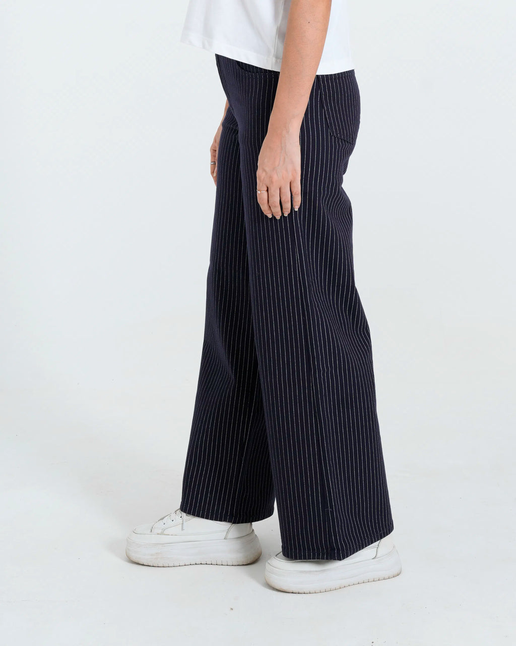 Navy striped jeans side view
