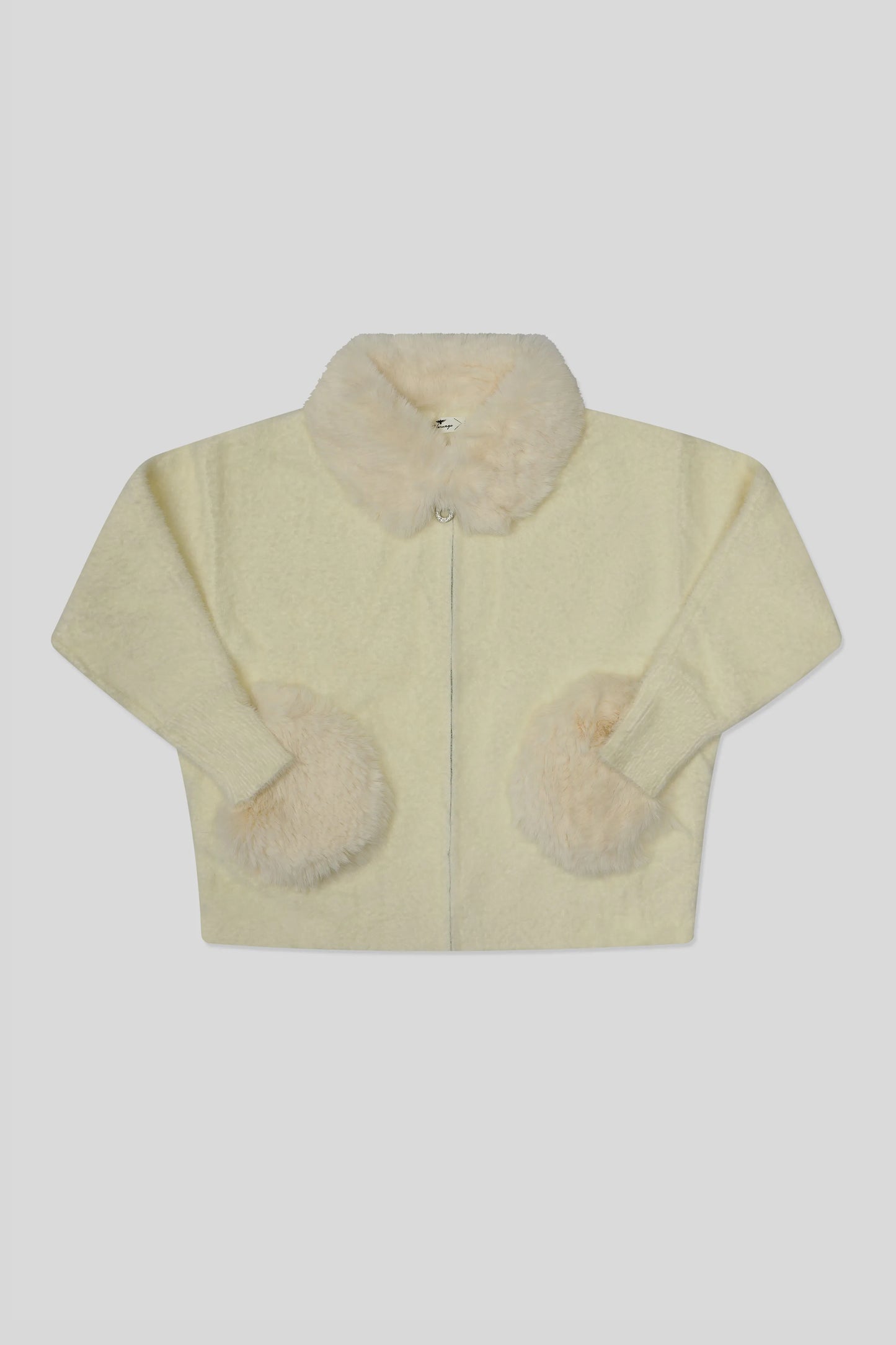 Off-White Wool Cardigan with sleeves and soft fur collar