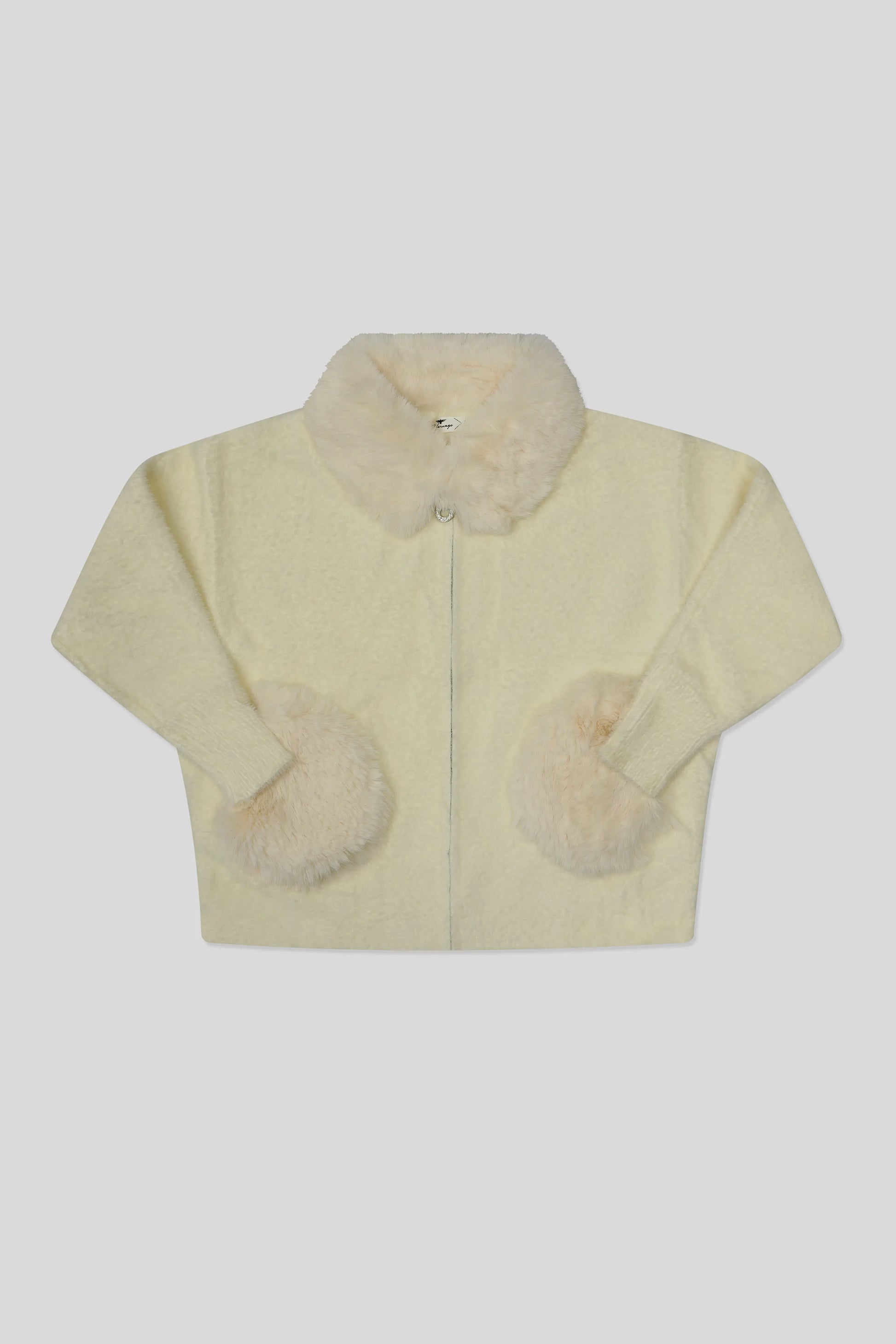 Off-White Wool Cardigan with sleeves and soft fur collar