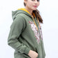 Olive Green Zipper Hoodie worn with a natural and relaxed styling