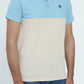 Person wearing a two-tone blue and beige polo shirt