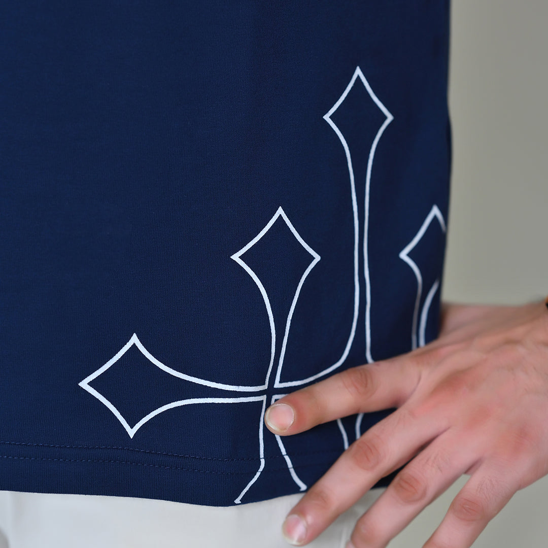 Round Neck With Harwage Print - Navy