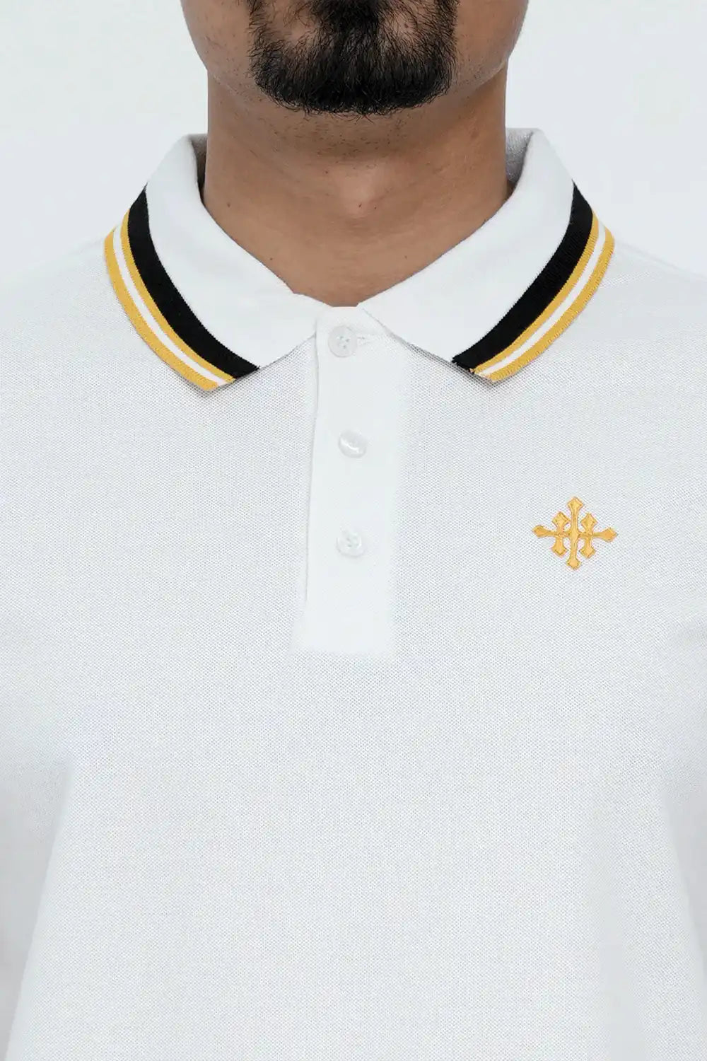 White polo shirt with black and yellow trim