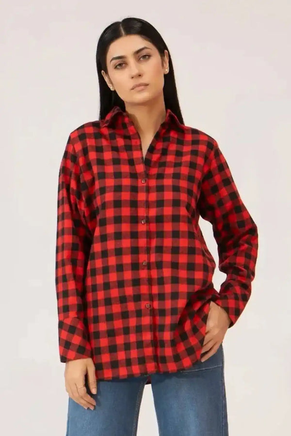 Women Tunic Shirt - Red Checkered