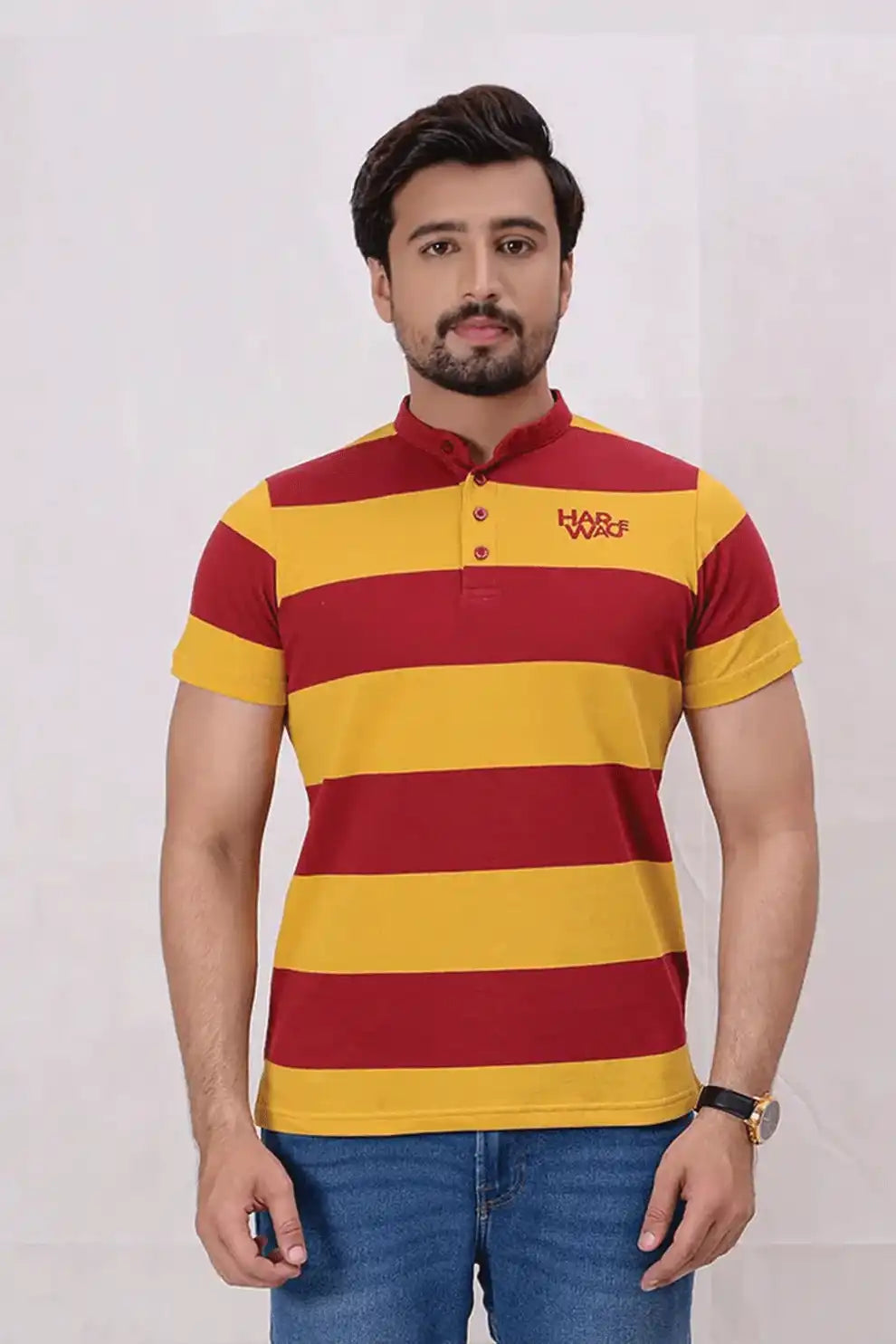 Red and yellow striped polo shirt