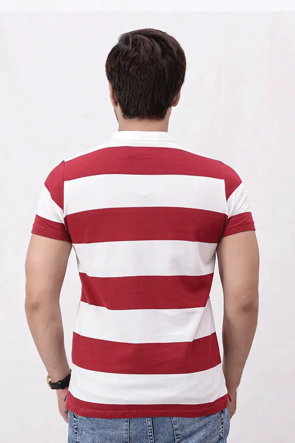 Red striped polo shirt back view