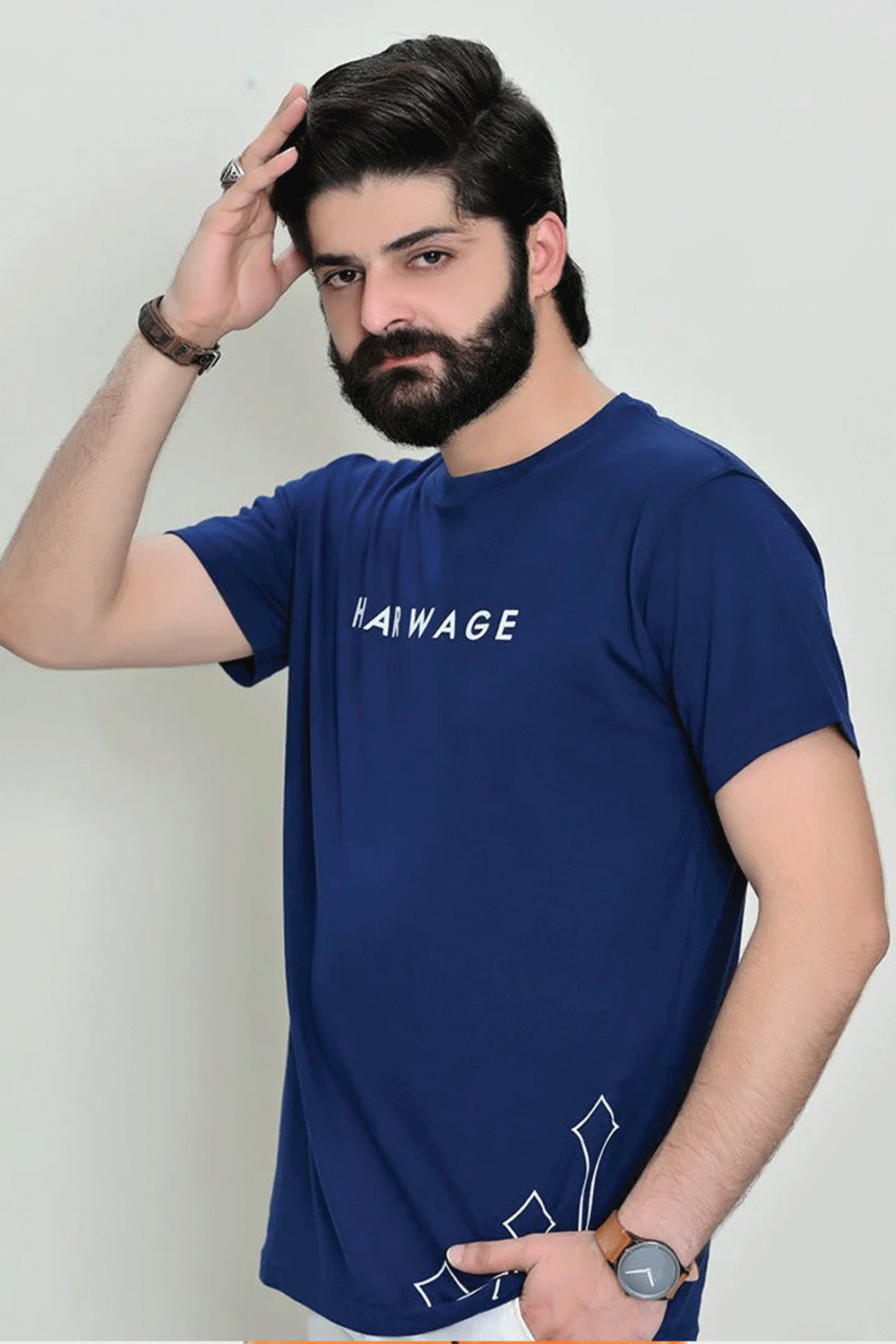 Round Neck With Harwage Print - Navy