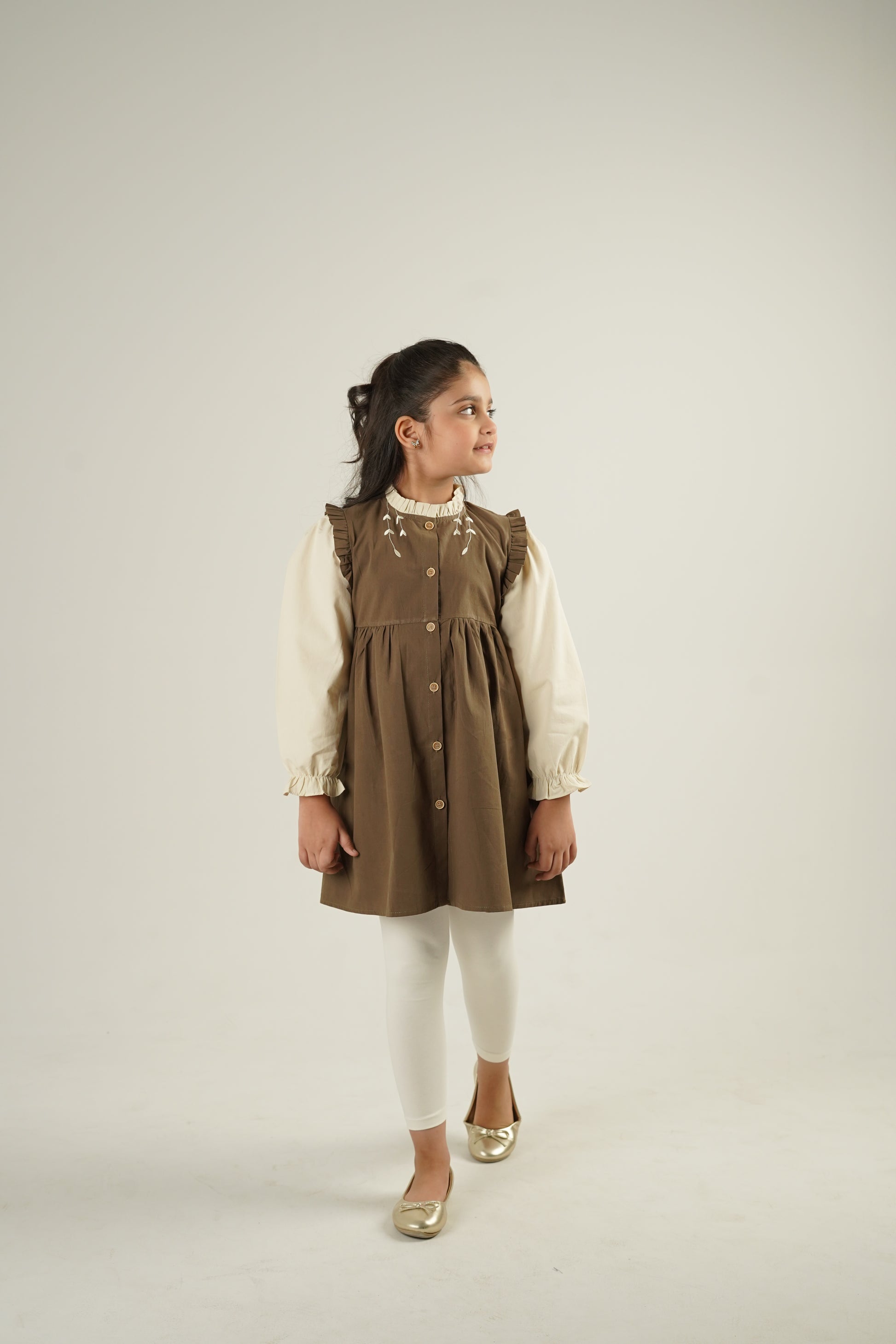 Girls Embroidered Pinafore Frock Set – Olive