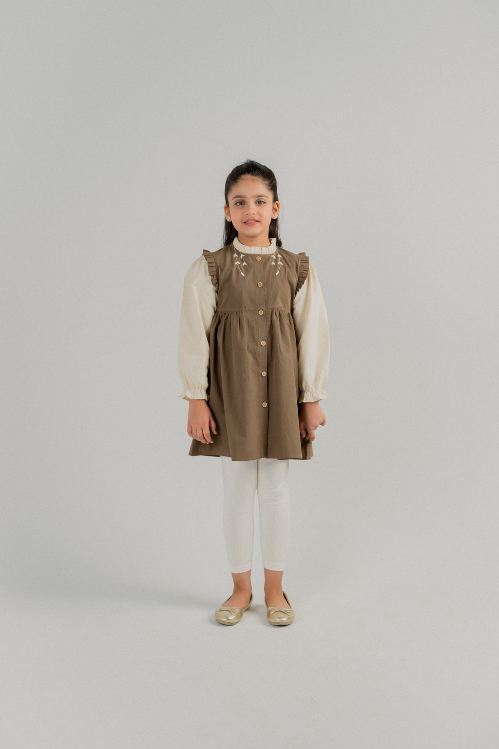 Girls Embroidered Pinafore Frock Set – Olive