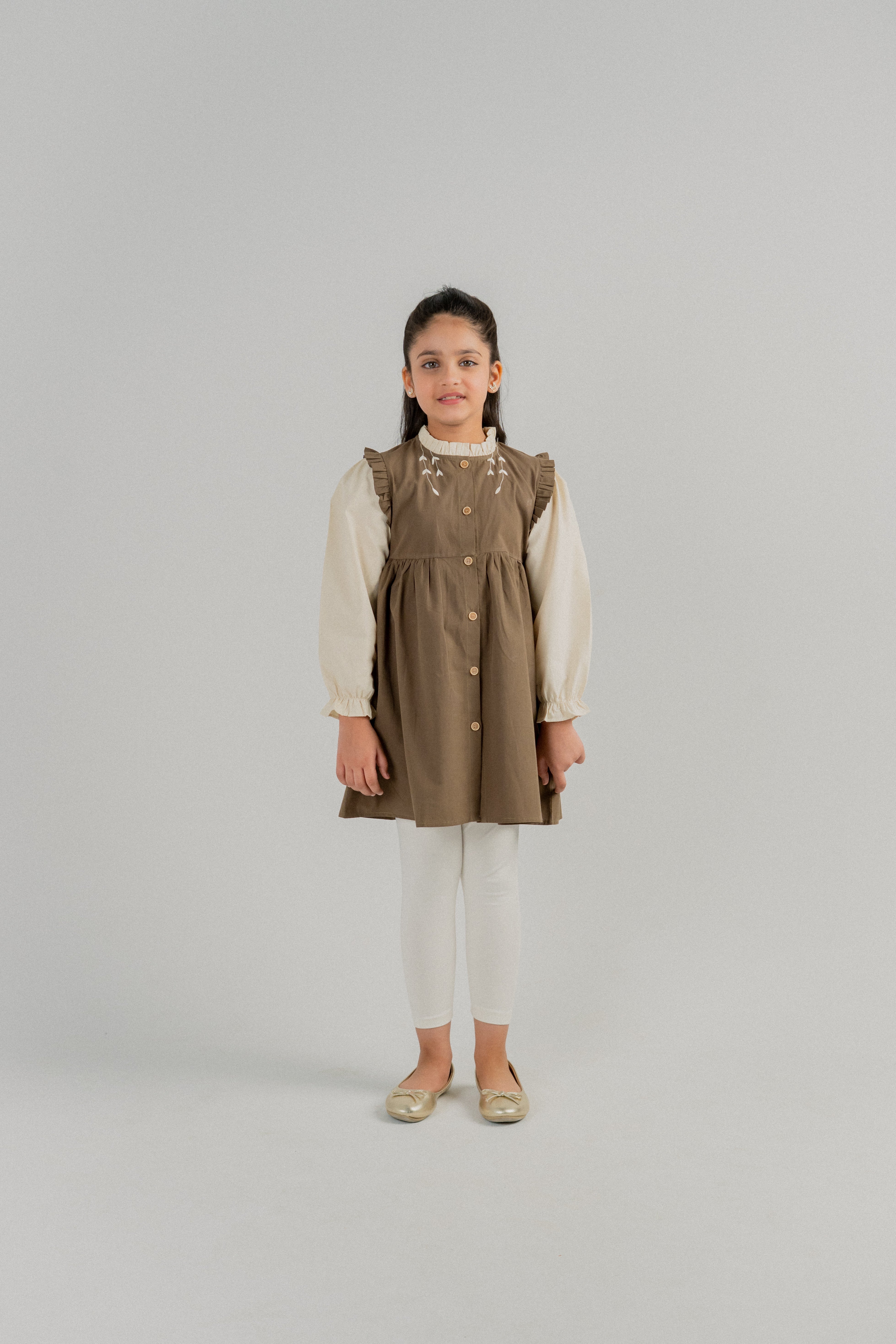 Girls Embroidered Pinafore Frock Set – Olive