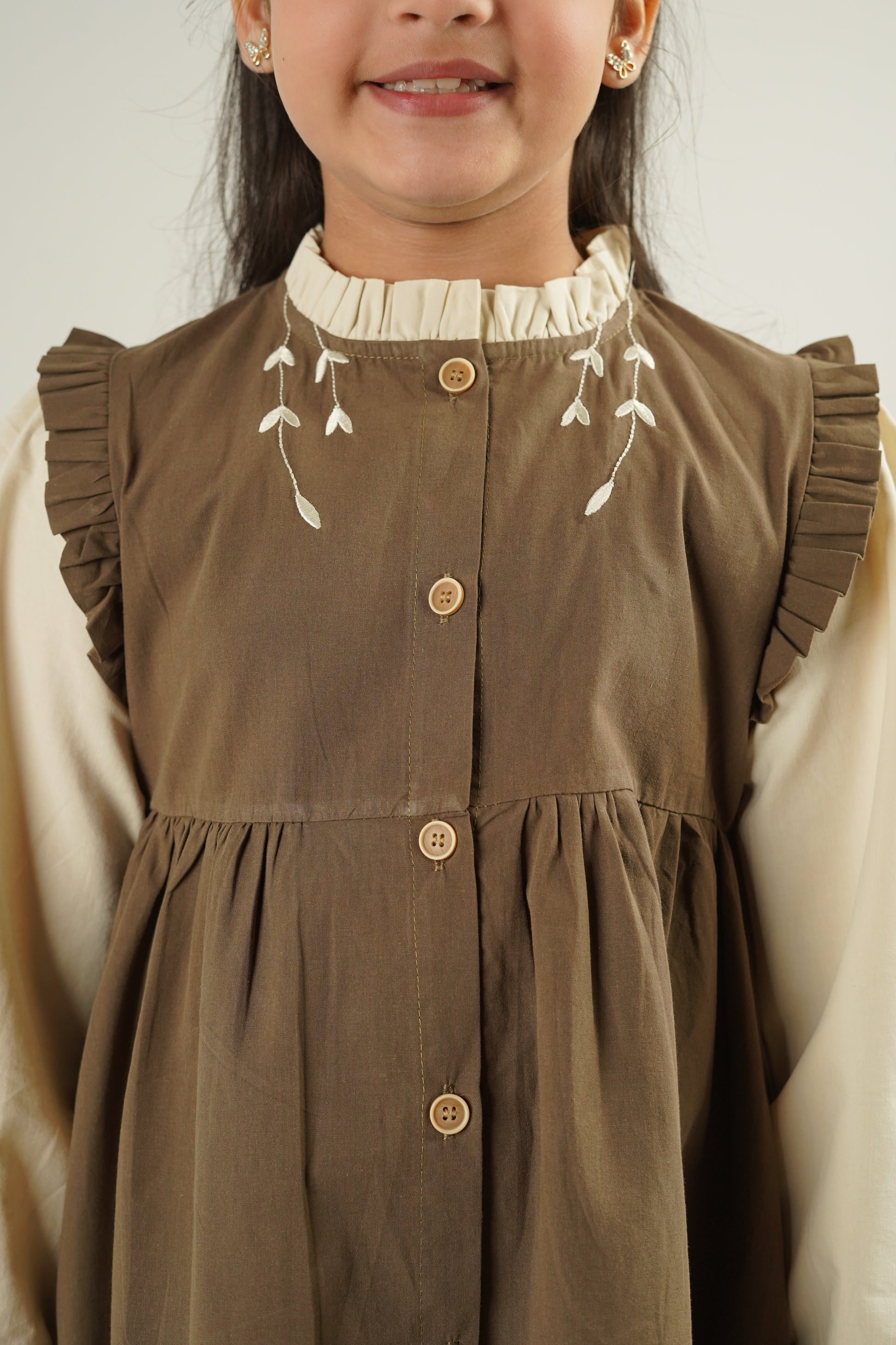 Girls Embroidered Pinafore Frock Set – Olive