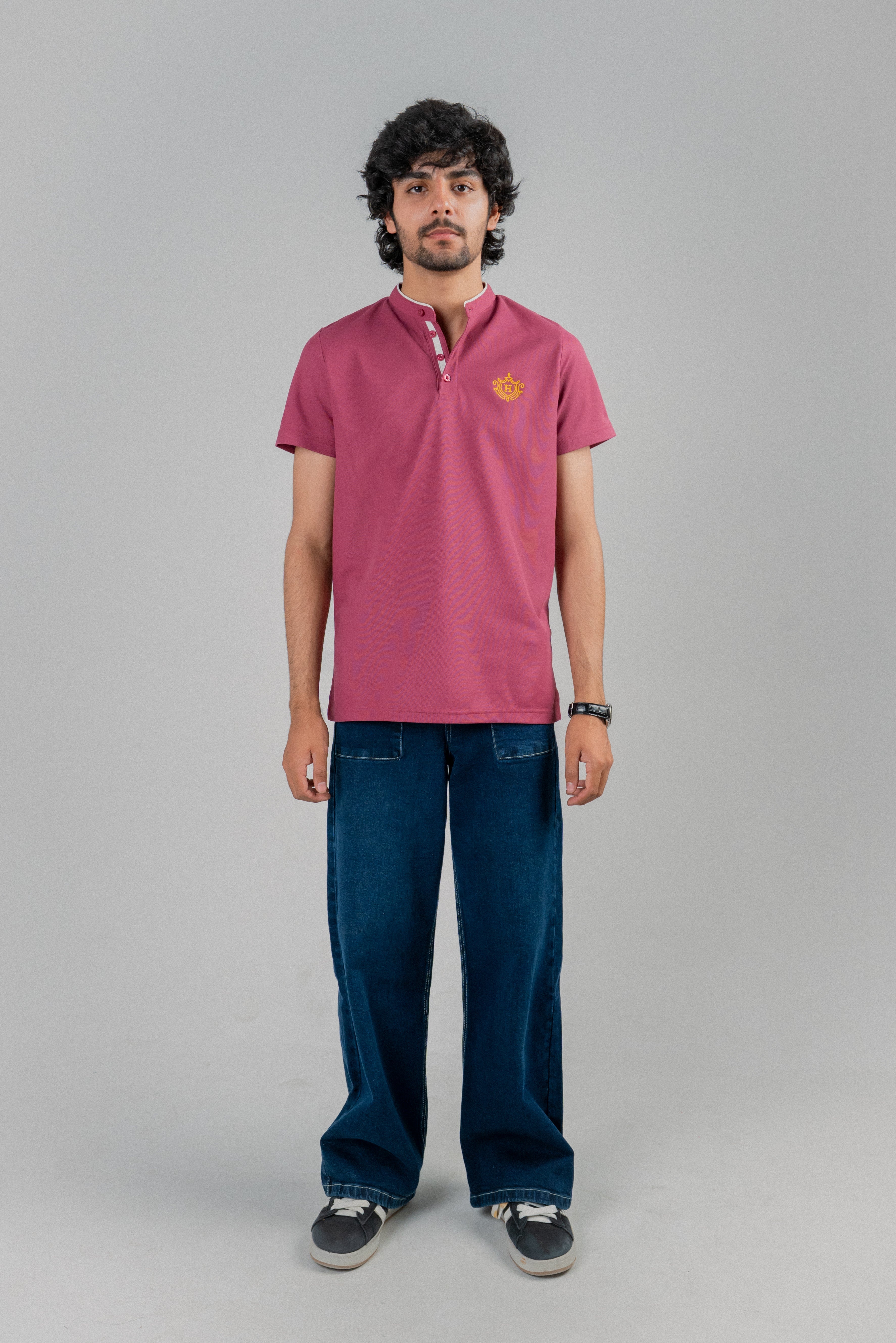 Men Ban Neck Polo Shirt - Hawthorn Rose