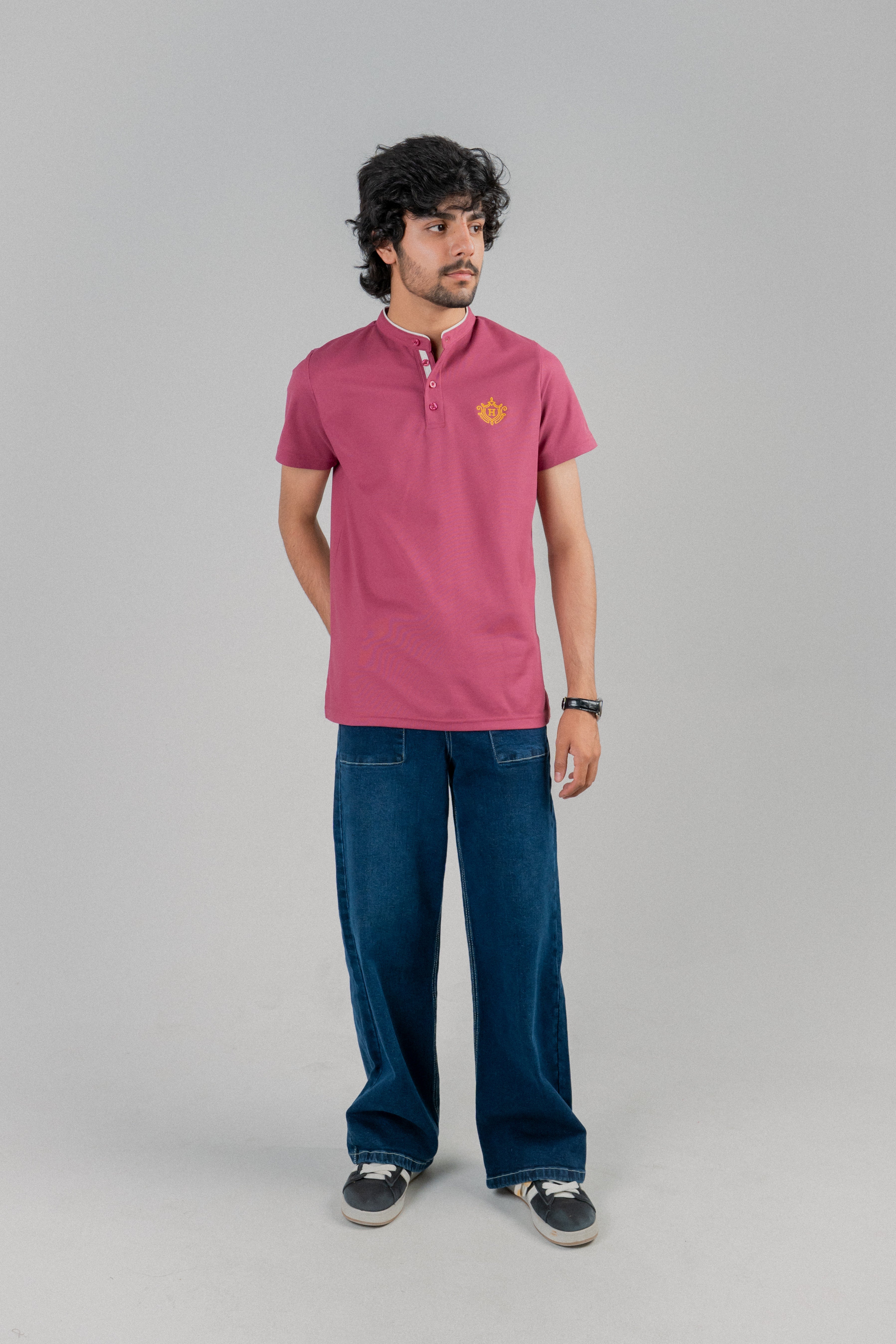 Men Ban Neck Polo Shirt - Hawthorn Rose
