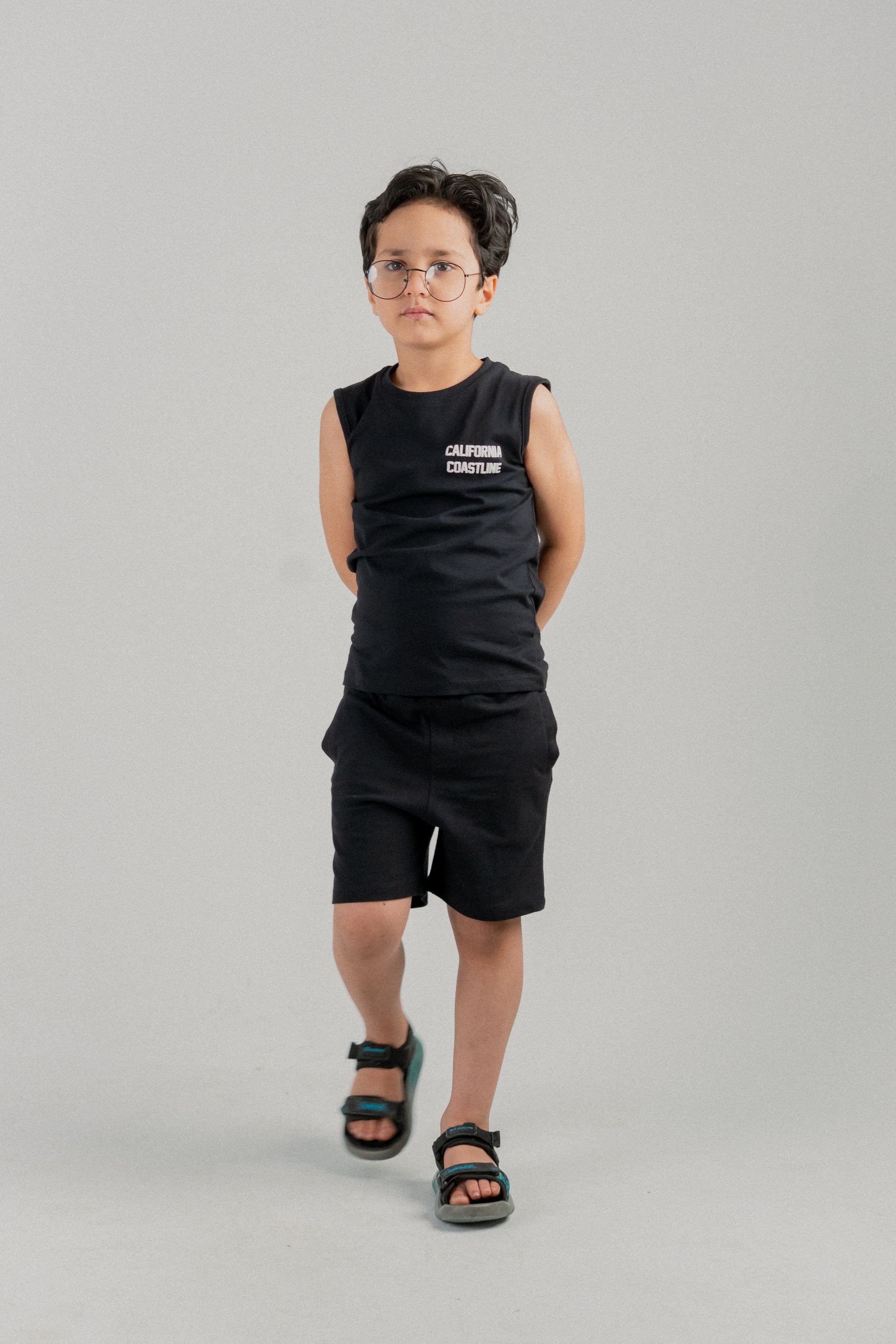 Little Kids Sleeveless Vest CO-ORD Set- Jet Black