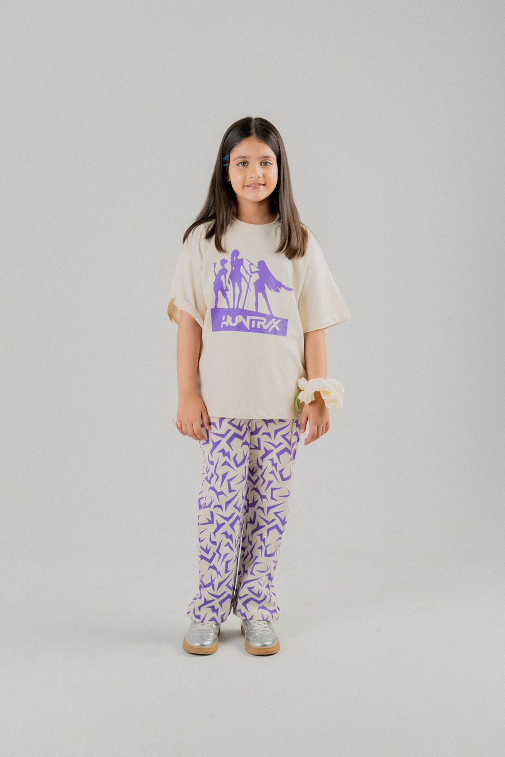 Girls Oversized Graphic T-Shirt & Wide-Leg Trouser Set – Beige