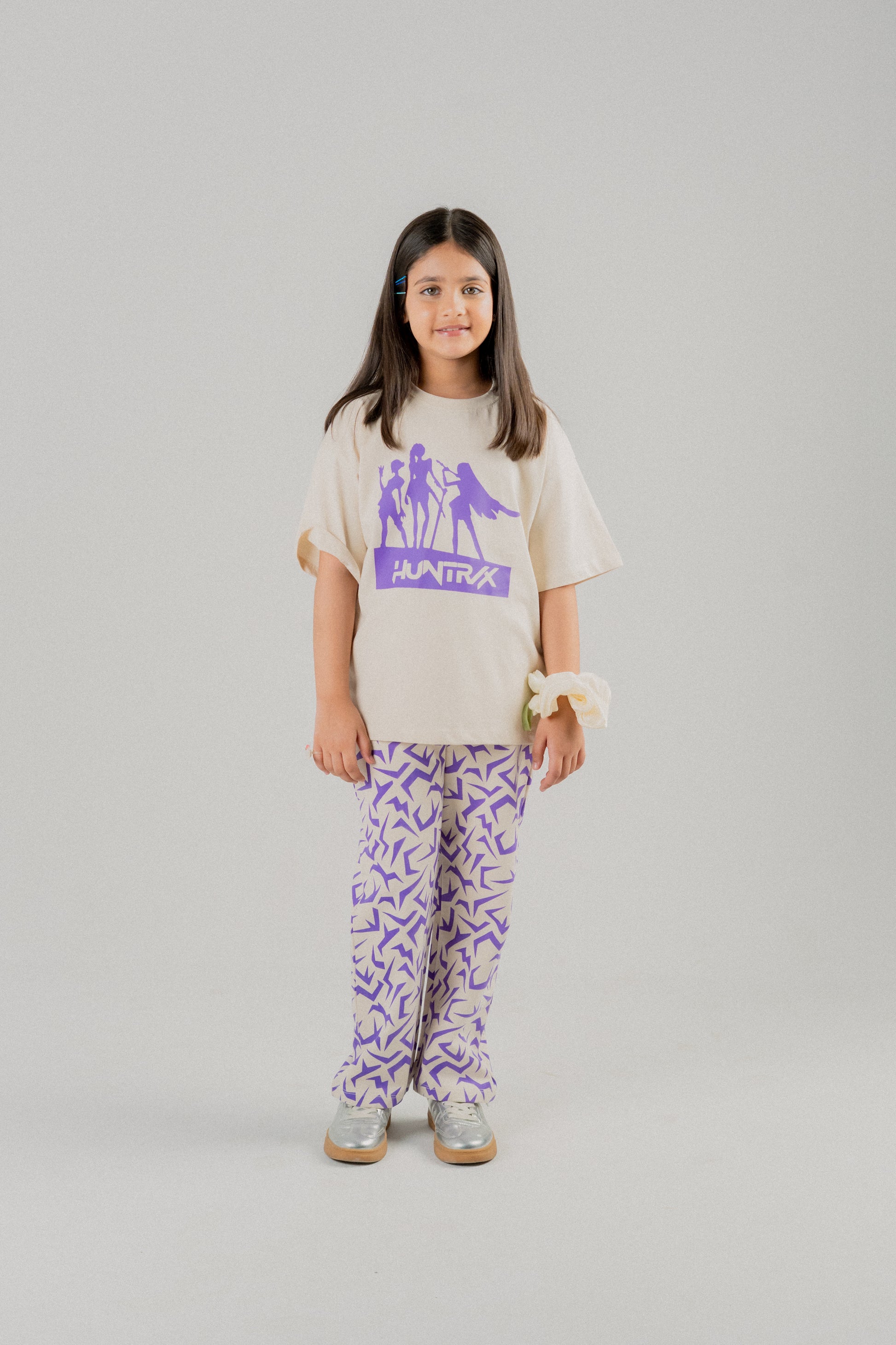 Girls Oversized Graphic T-Shirt & Wide-Leg Trouser Set – Beige