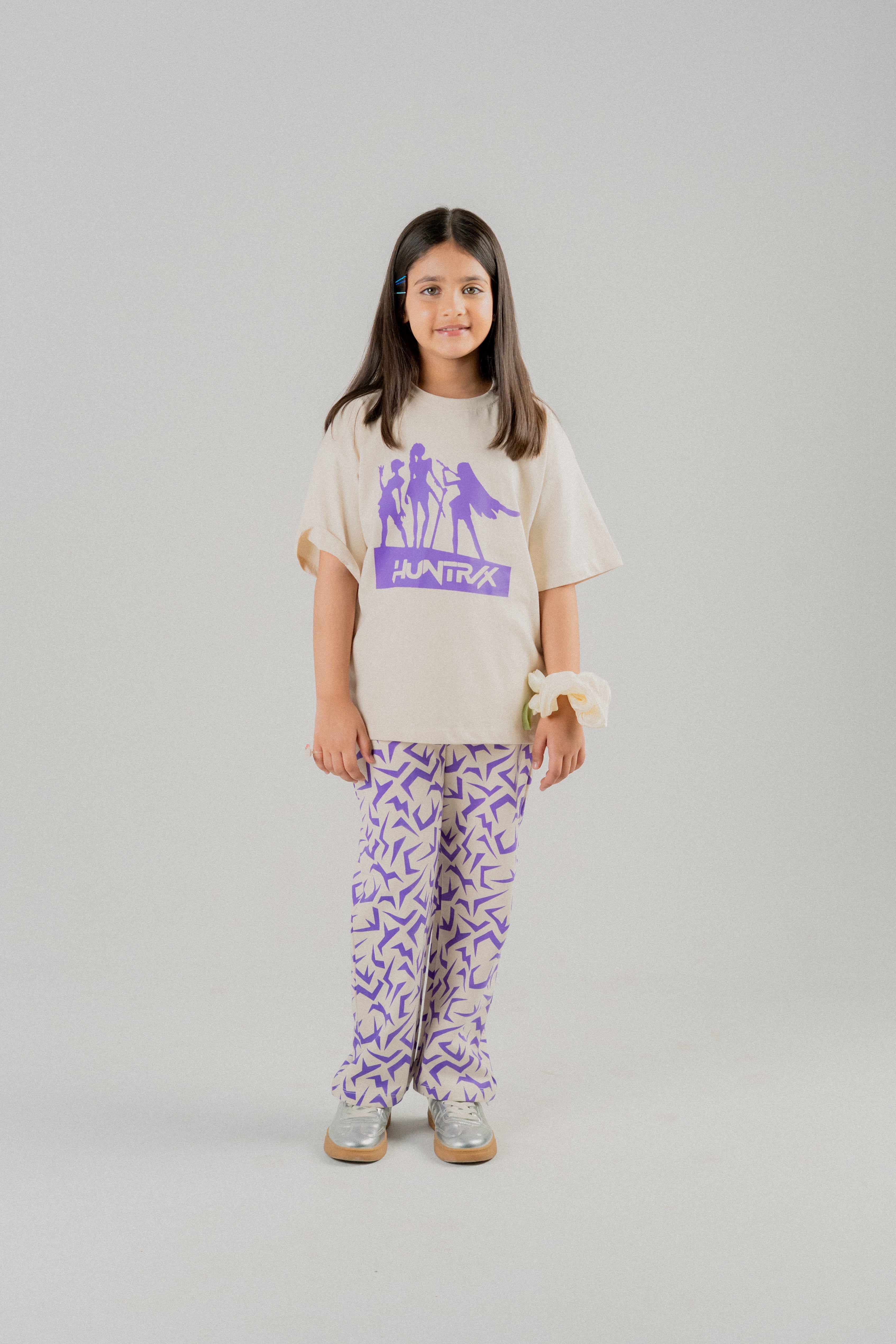Girls Oversized Graphic T-Shirt & Wide-Leg Trouser Set – Beige