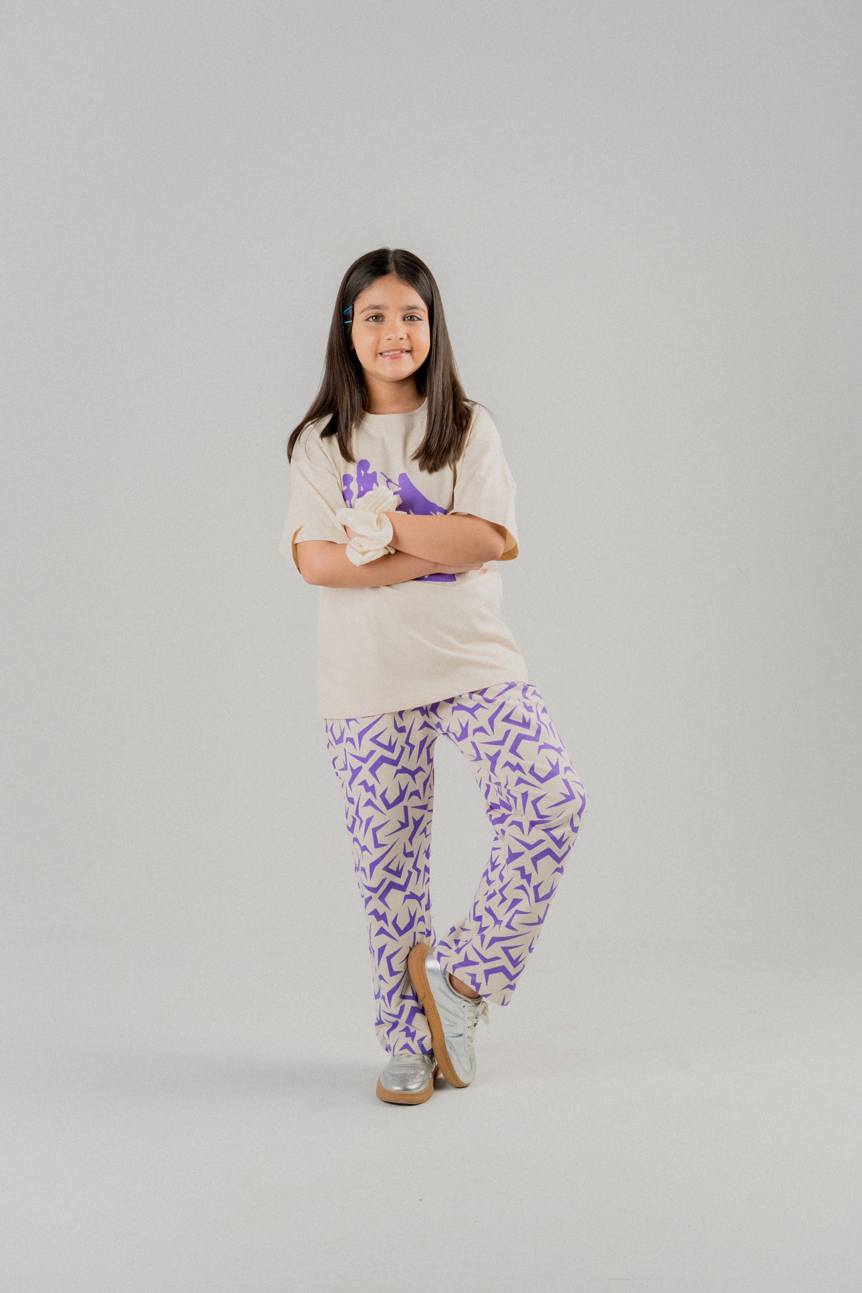 Girls Oversized Graphic T-Shirt & Wide-Leg Trouser Set – Beige