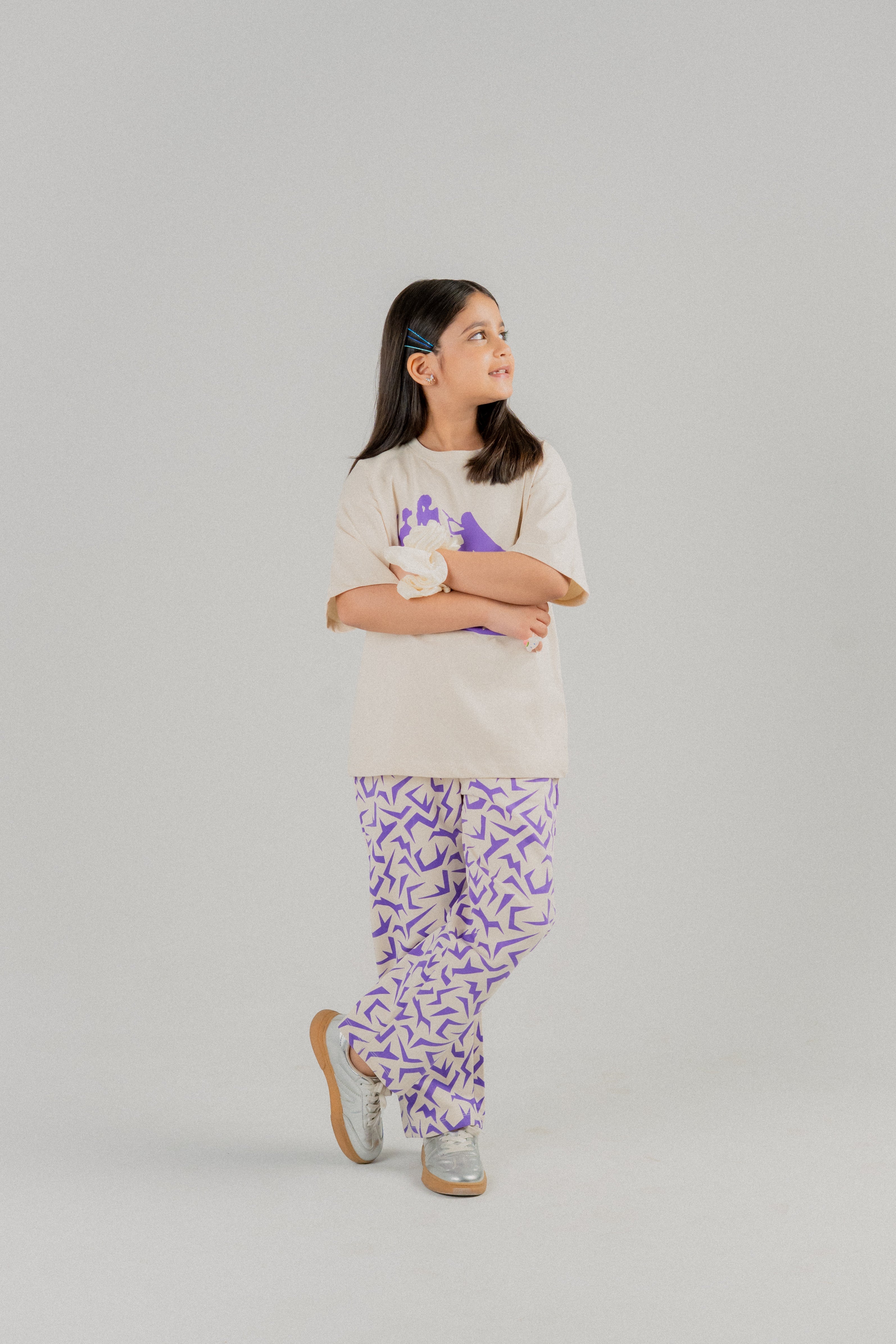 Girls Oversized Graphic T-Shirt & Wide-Leg Trouser Set – Beige