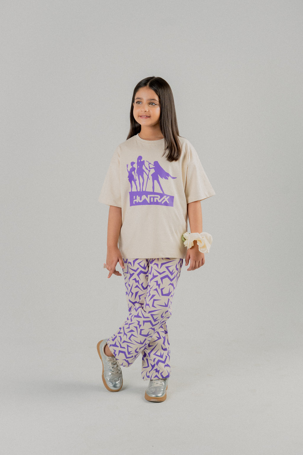 Girls Oversized Graphic T-Shirt & Wide-Leg Trouser Set – Beige