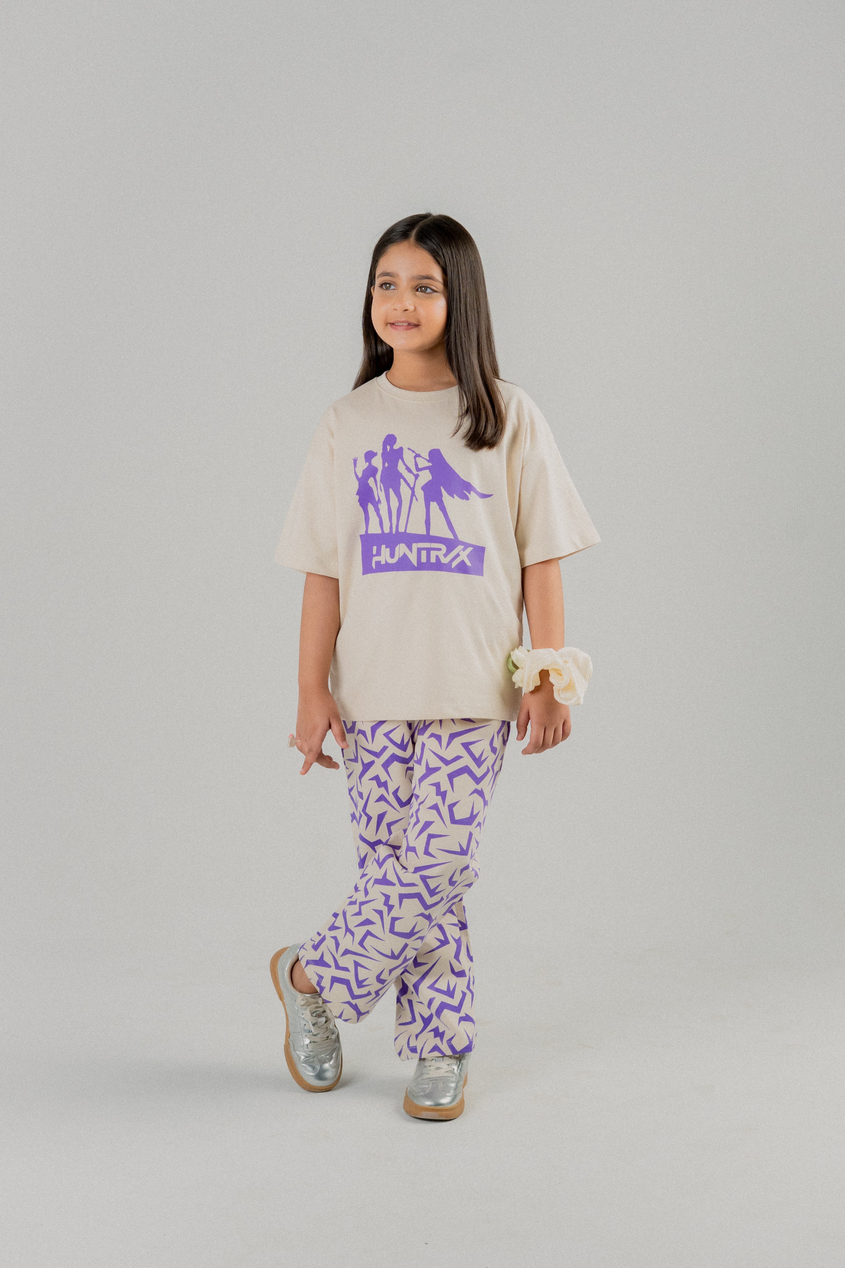 Girls Oversized Graphic T-Shirt & Wide-Leg Trouser Set – Beige