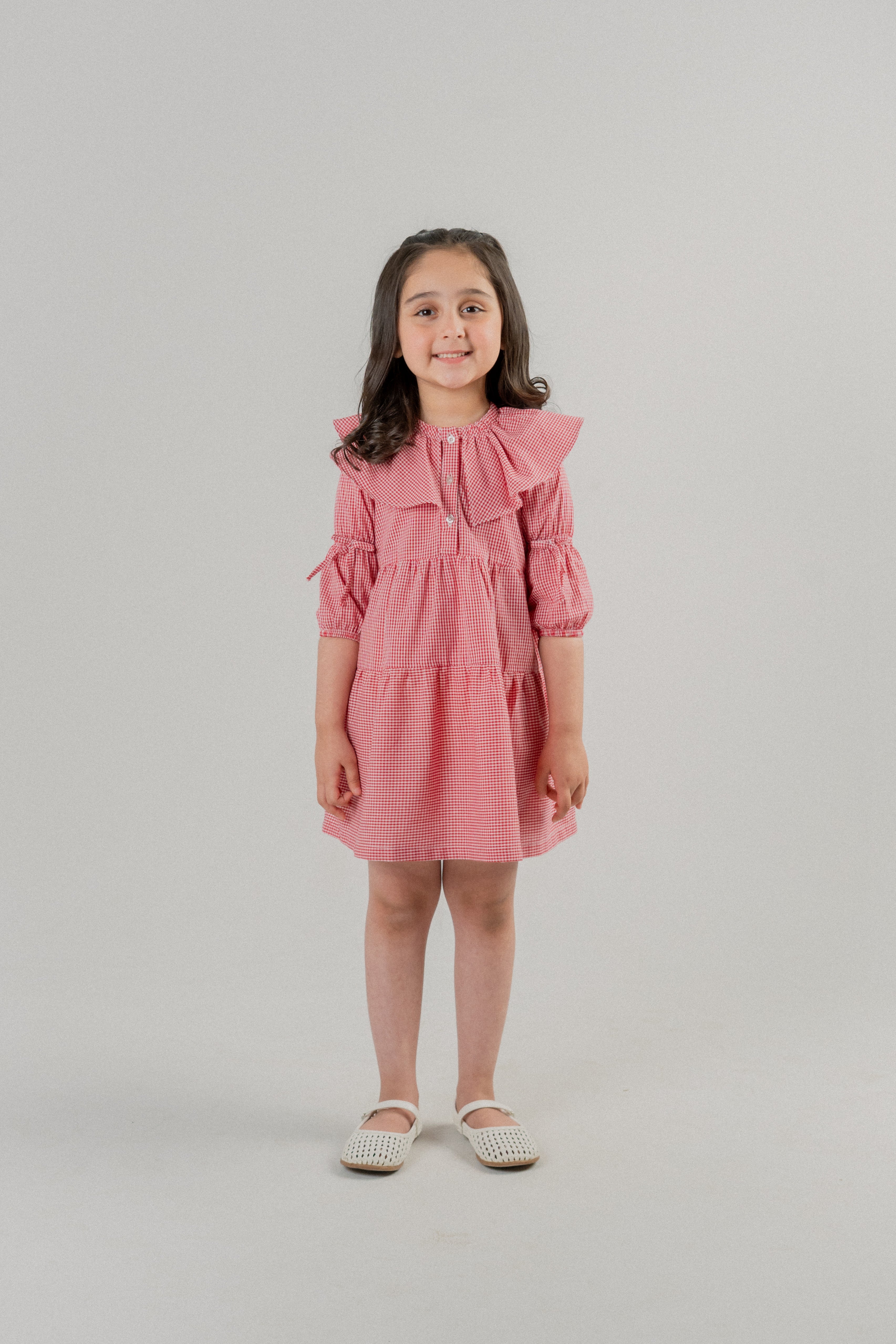 Girls Gingham Ruffle Frock – Red Check
