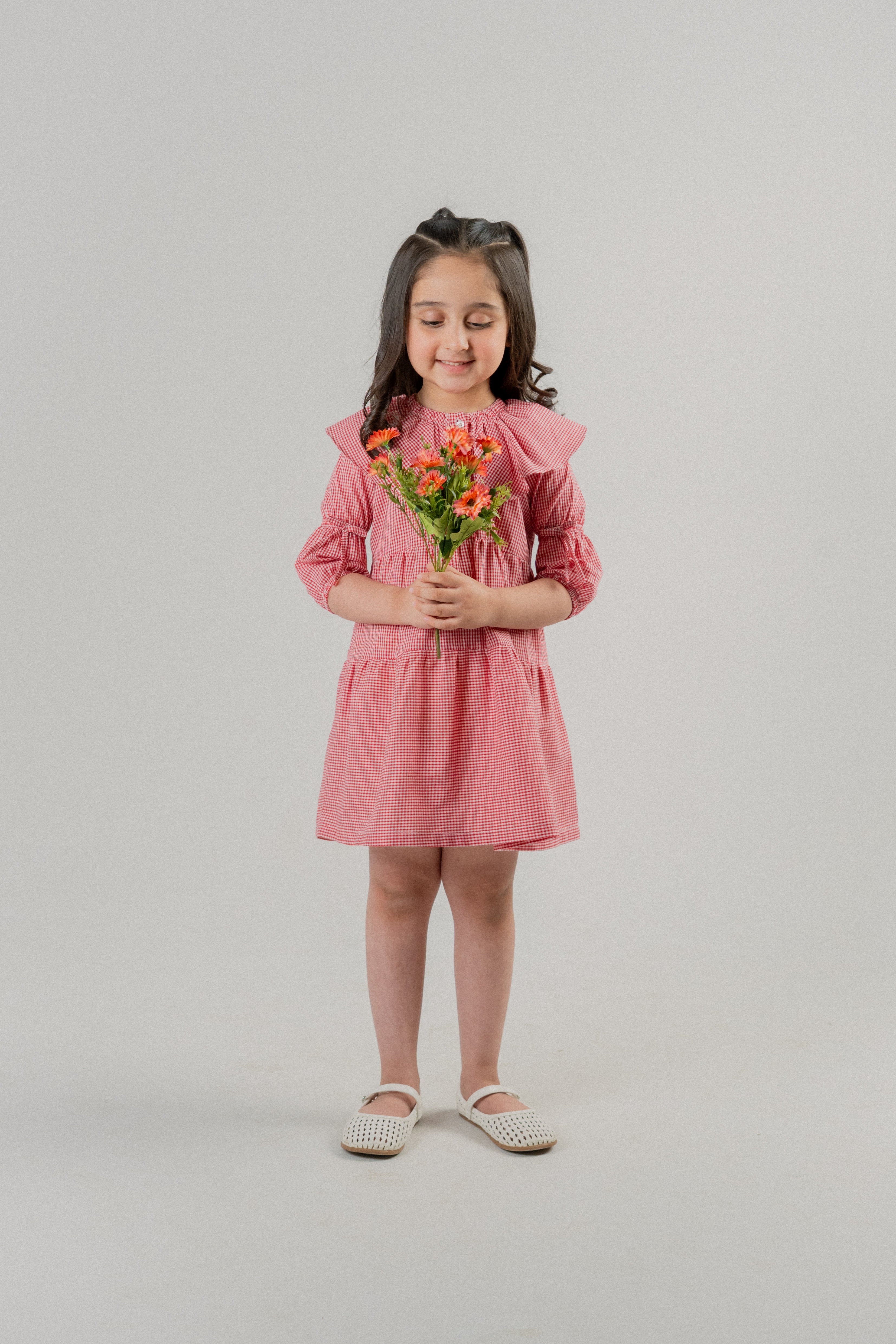 Girls Gingham Ruffle Frock – Red Check