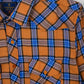 Shirt with brown, blue, and purple pattern