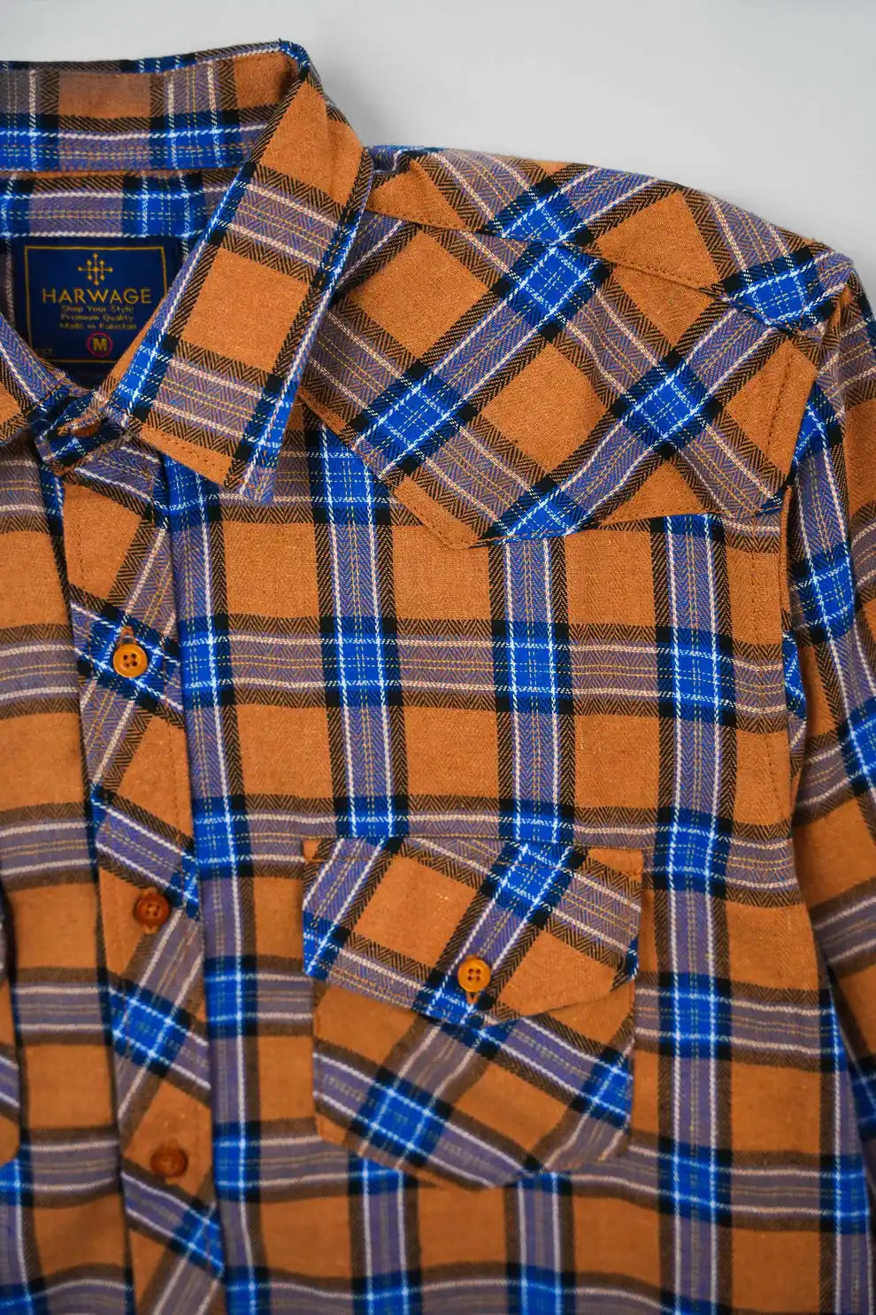 Shirt with brown, blue, and purple pattern