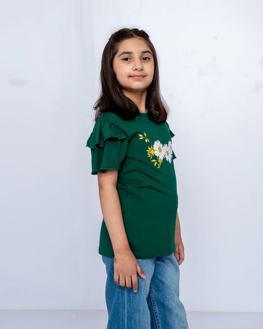 Side View of Green Printed Graphic Tee 
