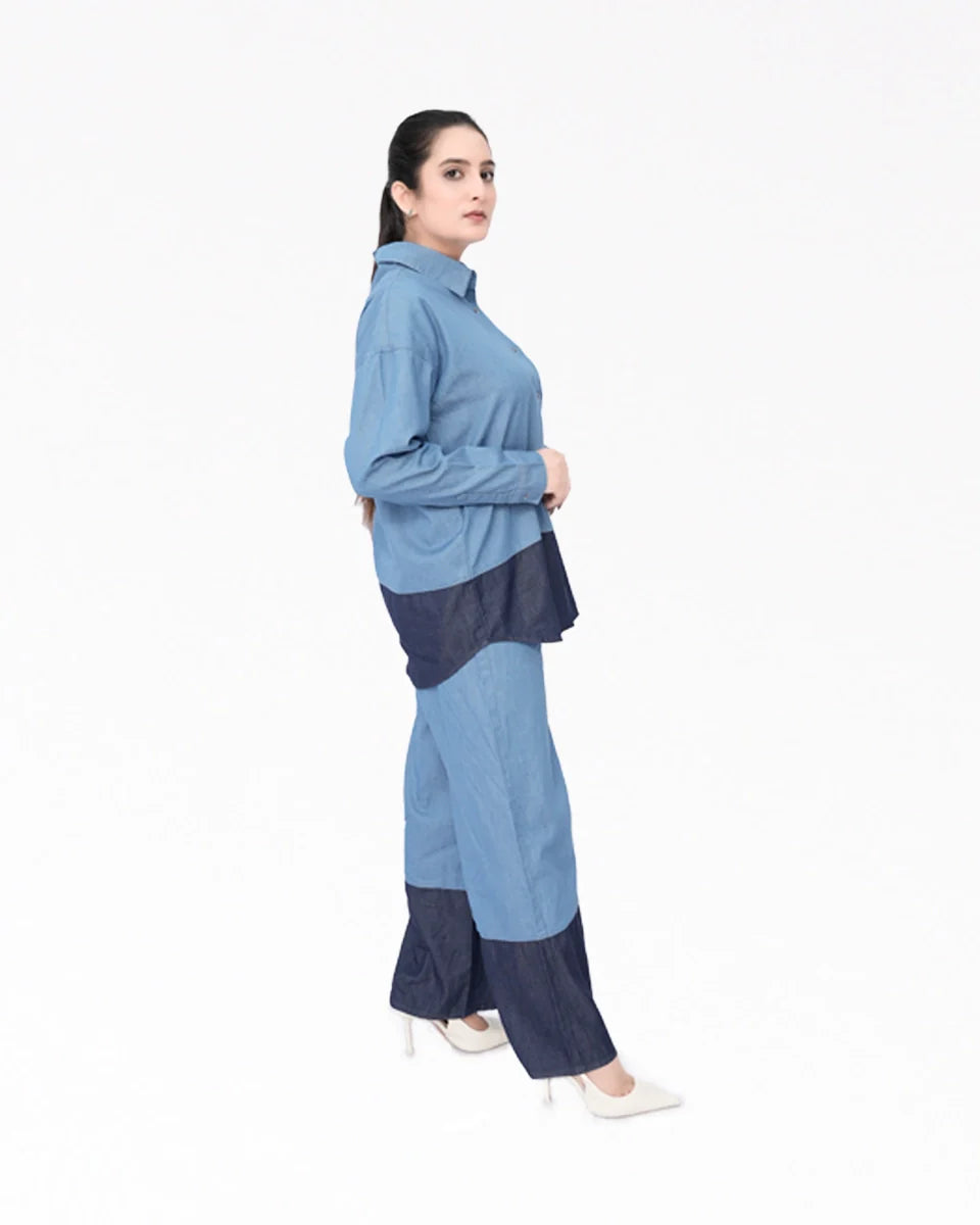 Side view of Women Denim Co-Ord Set – LT Blue