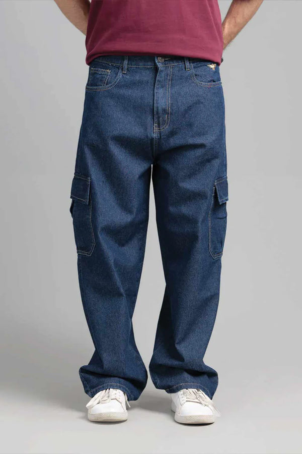 Men Skater Fit Cargo Denim Jeans - Indigo