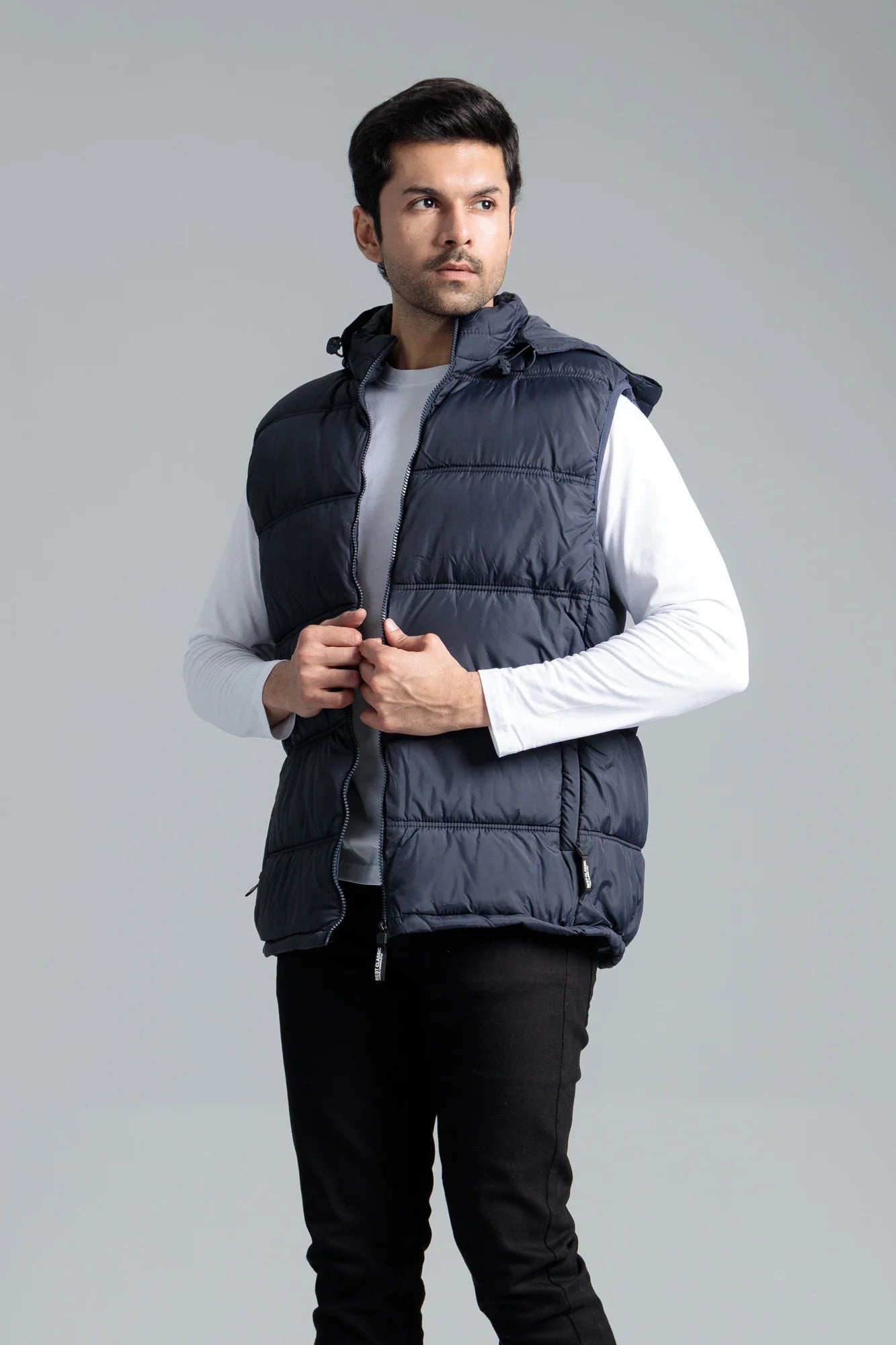 Sleeveless Navy Parachute Jacket for Men, Featuring Zipper and Hood