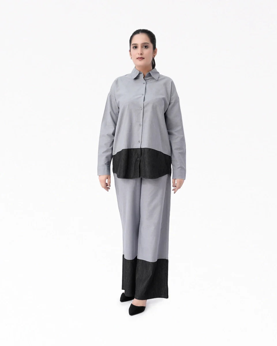 Stylish Women Denim Grey Co-Ord Set for a trendy outfit, featuring a tailored denim top and sleek grey pants.