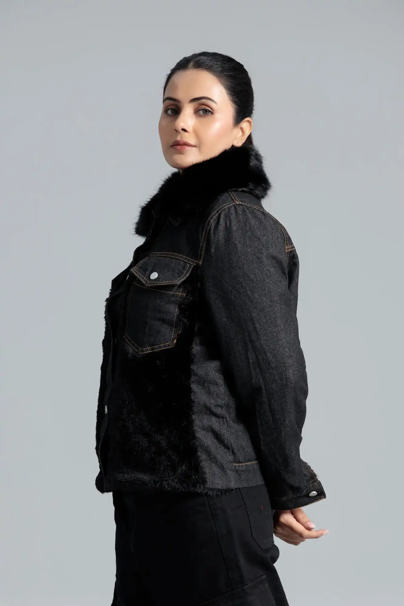 Black jacket with fur collar